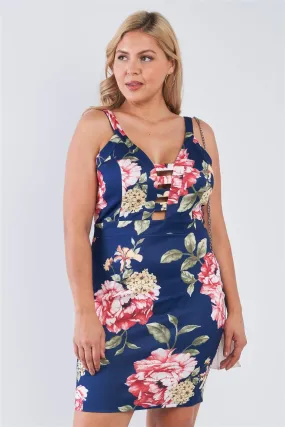 Junior Plus Size Navy Floral V-Neck Strap Front Bodycon Mini Dress /2-2-2