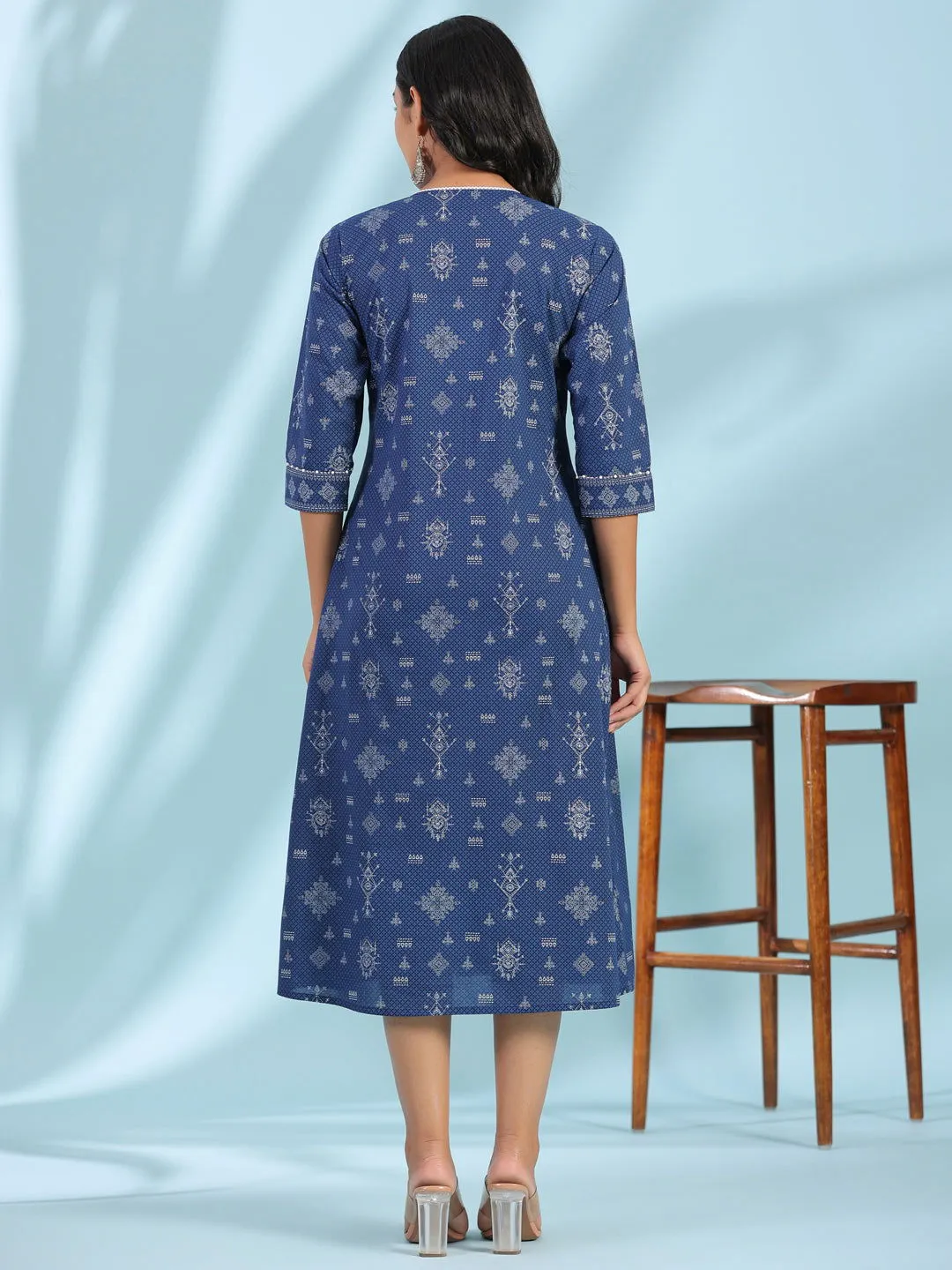 Juniper Blue Geometric Printed Pure Cotton Midi Dress With Lace Work