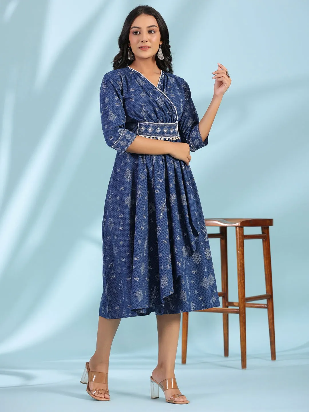 Juniper Blue Geometric Printed Pure Cotton Midi Dress With Lace Work