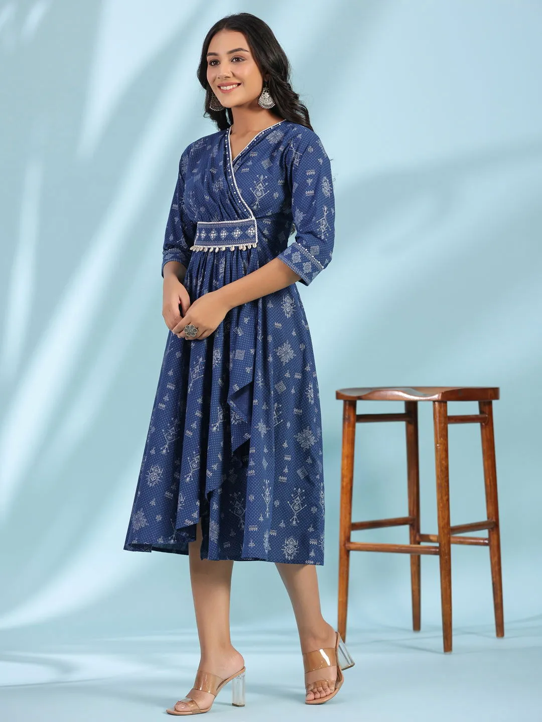 Juniper Blue Geometric Printed Pure Cotton Midi Dress With Lace Work