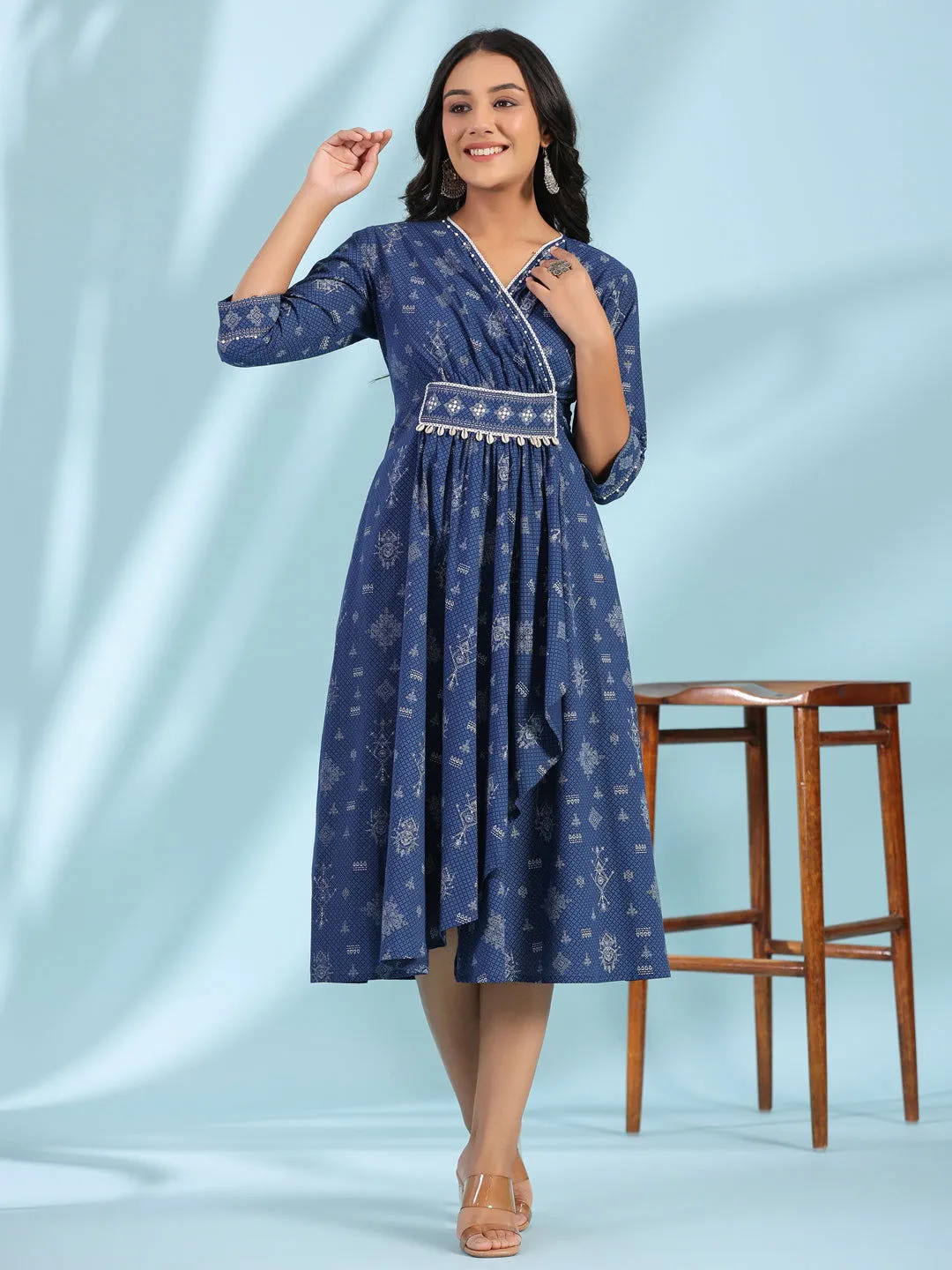 Juniper Blue Geometric Printed Pure Cotton Midi Dress With Lace Work