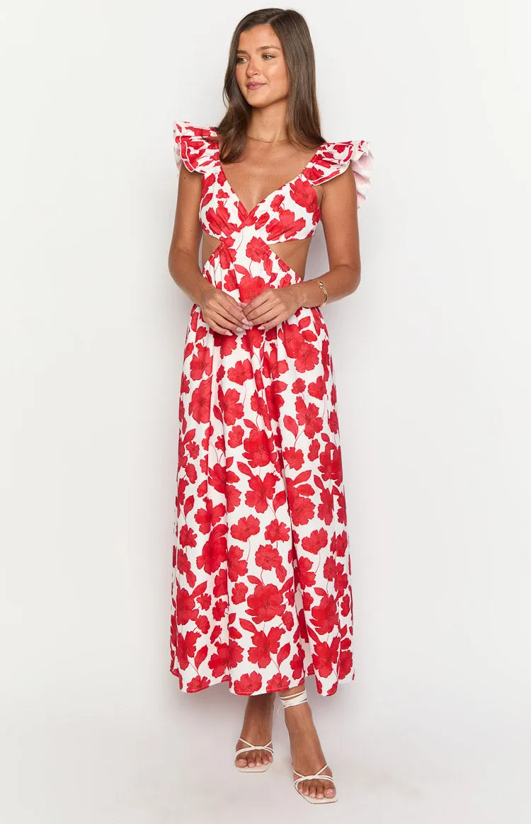 Kaden Red Anemone Floral Print Maxi Dress