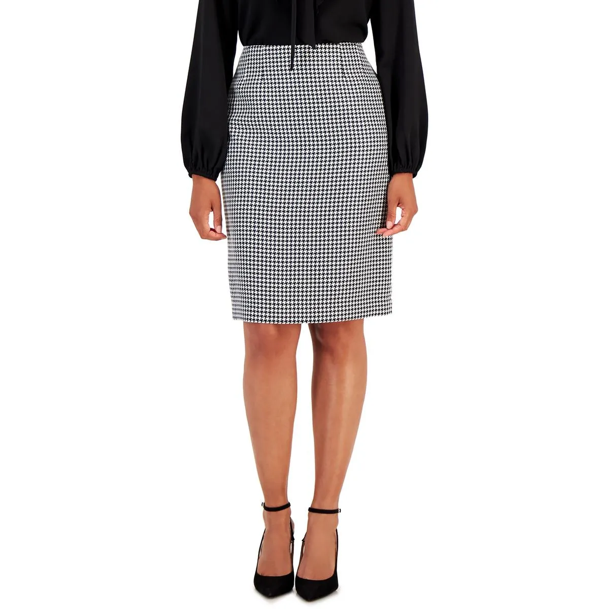 Kasper Womens Petites Hidden Back Zipper Houndstooth Pencil Skirt