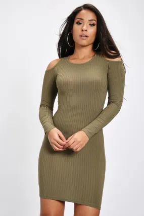 Khaki Cold Shoulder Ribbed Long Sleeve Bodycon