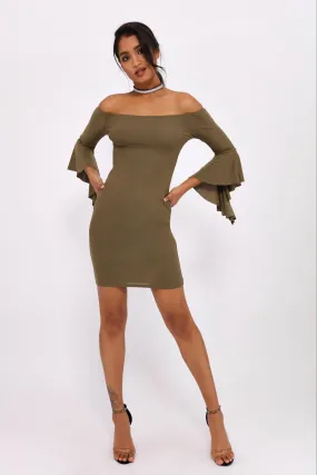 Khaki Off The Shoulder Ruffle Sleeve Dress