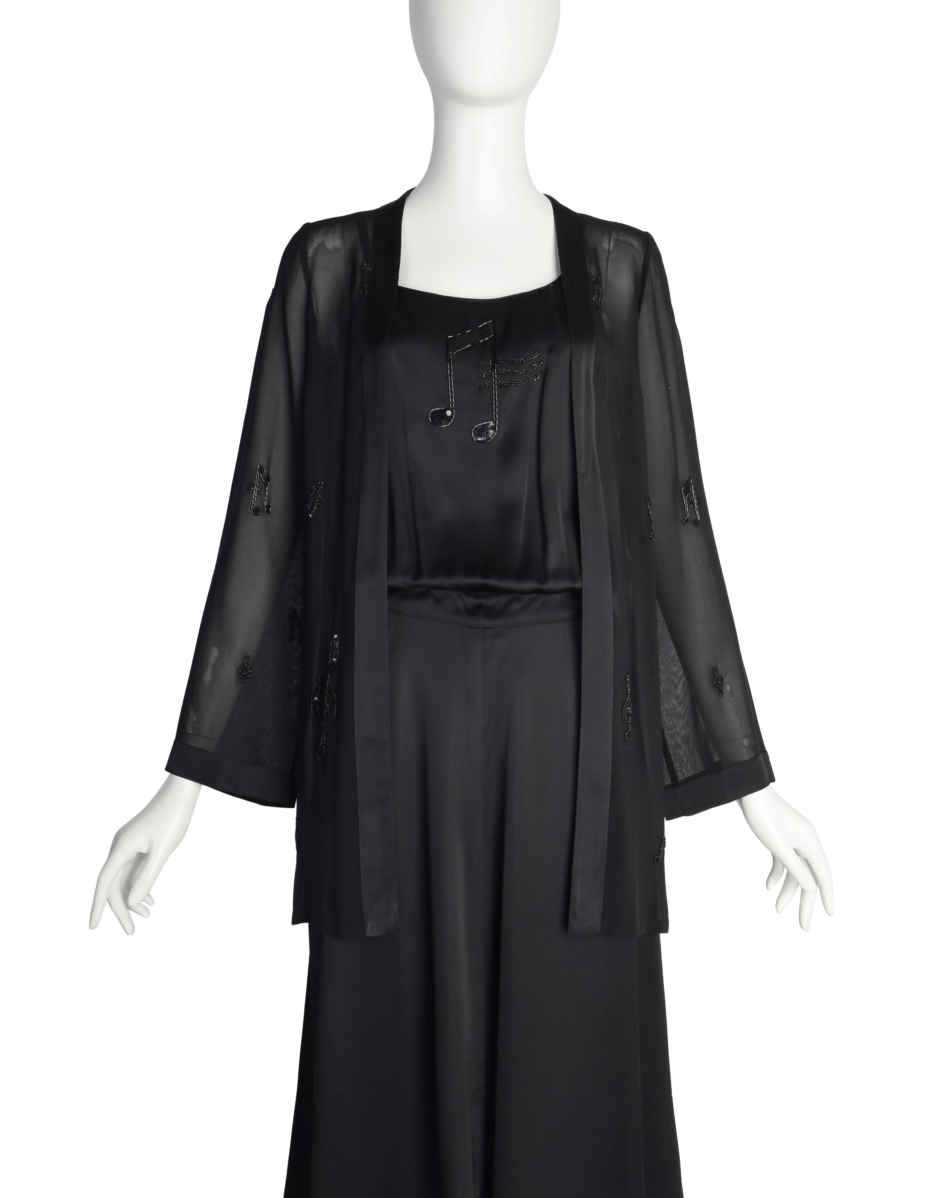 Krizia Vintage 1970s Black Sequin and Beaded Music Note Embellished Silk Dress and Duster Ensemble