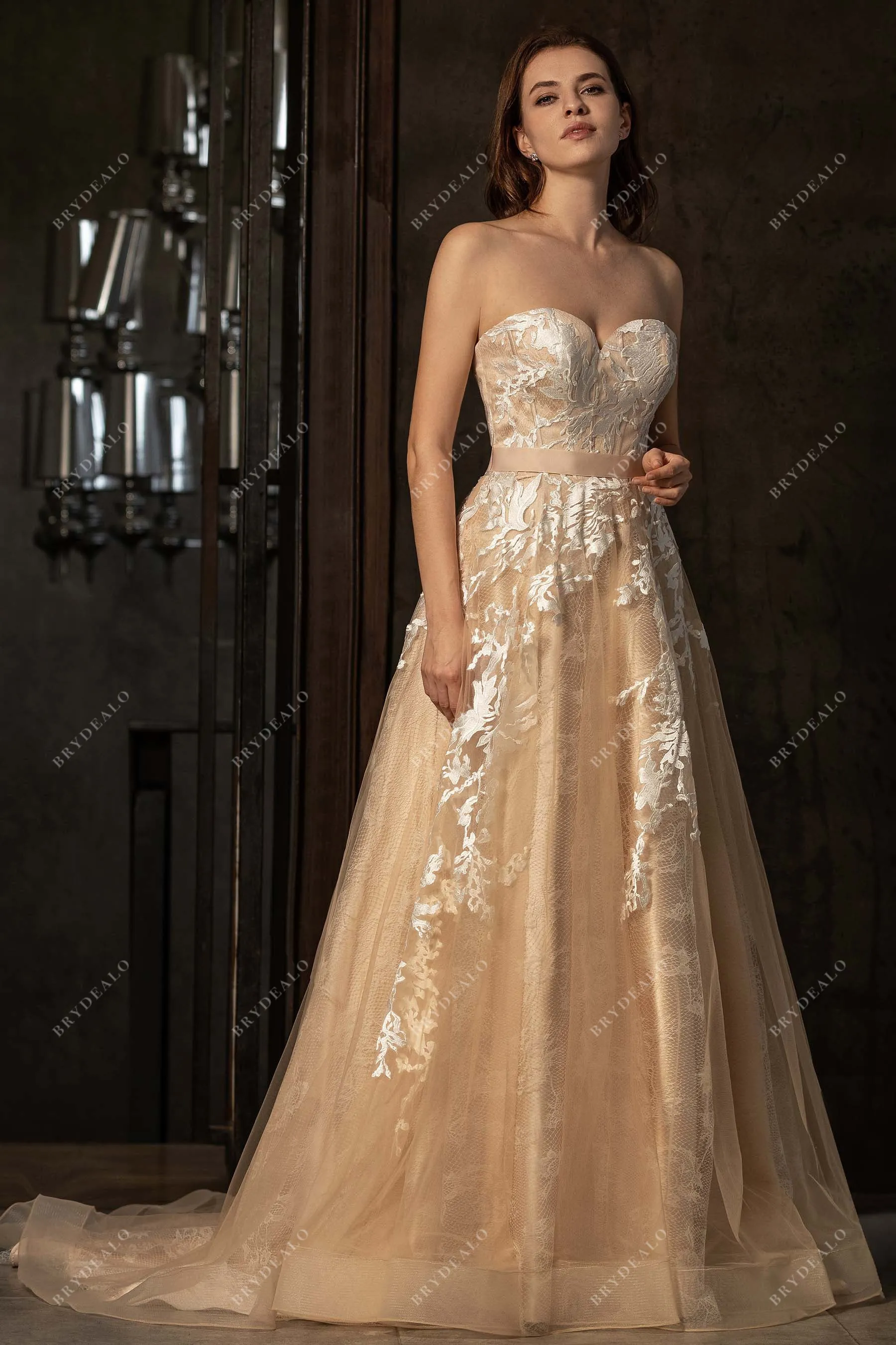 Lace Colored Strapless Traditional Sweetheart Neck Wedding Dress