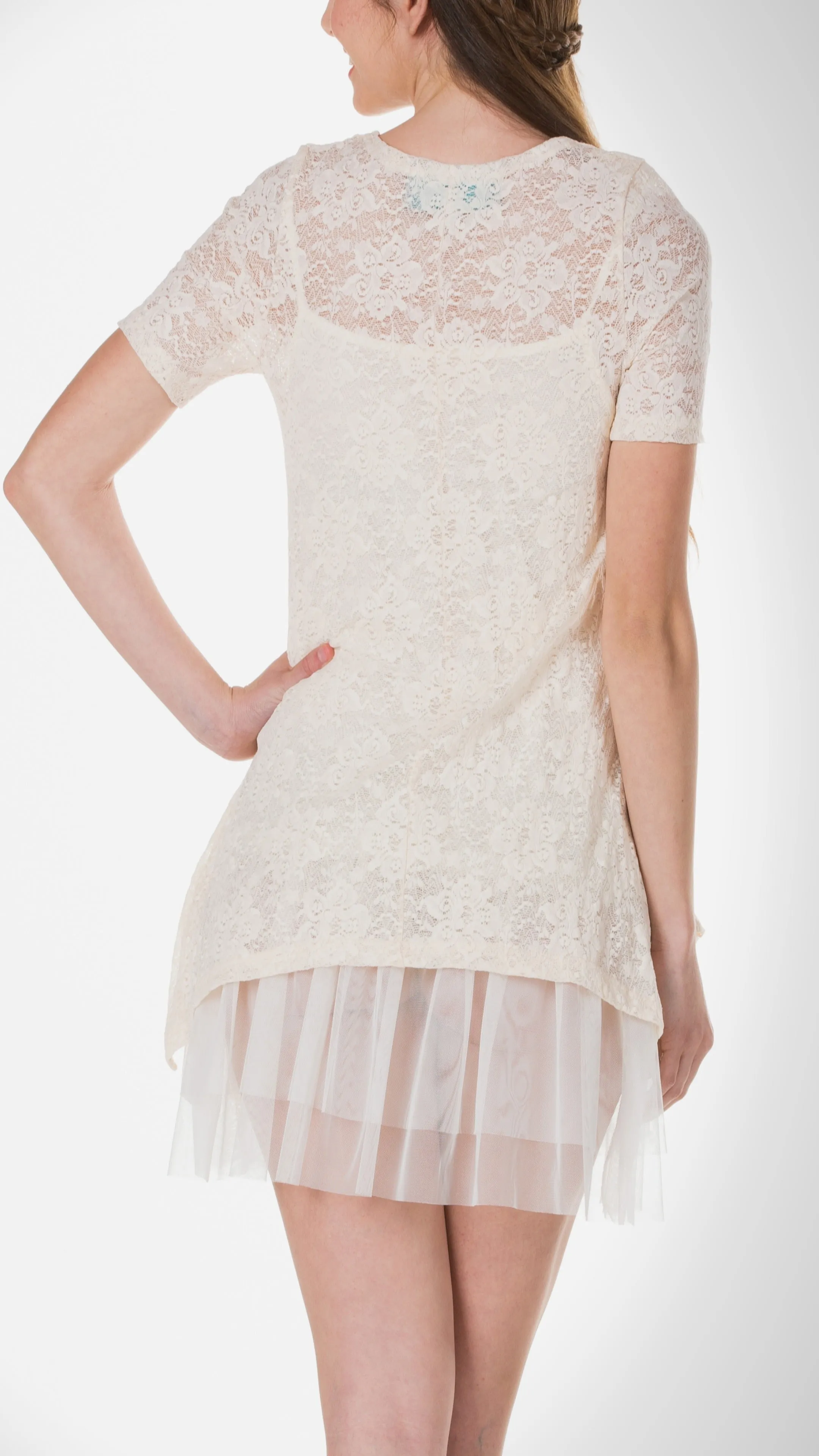 Lace Short Sleeve Dress with Mesh Slip