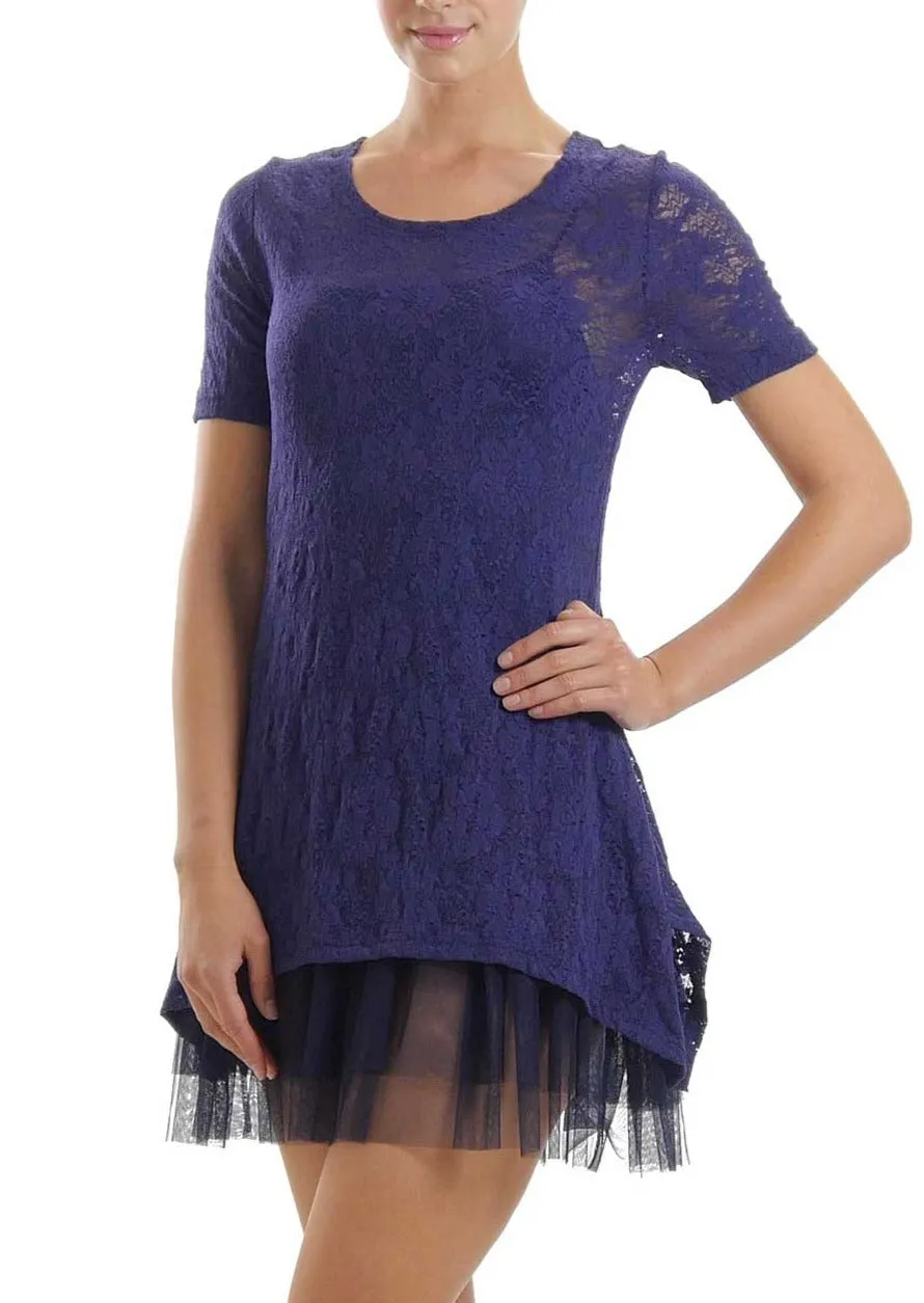 Lace Short Sleeve Dress with Mesh Slip