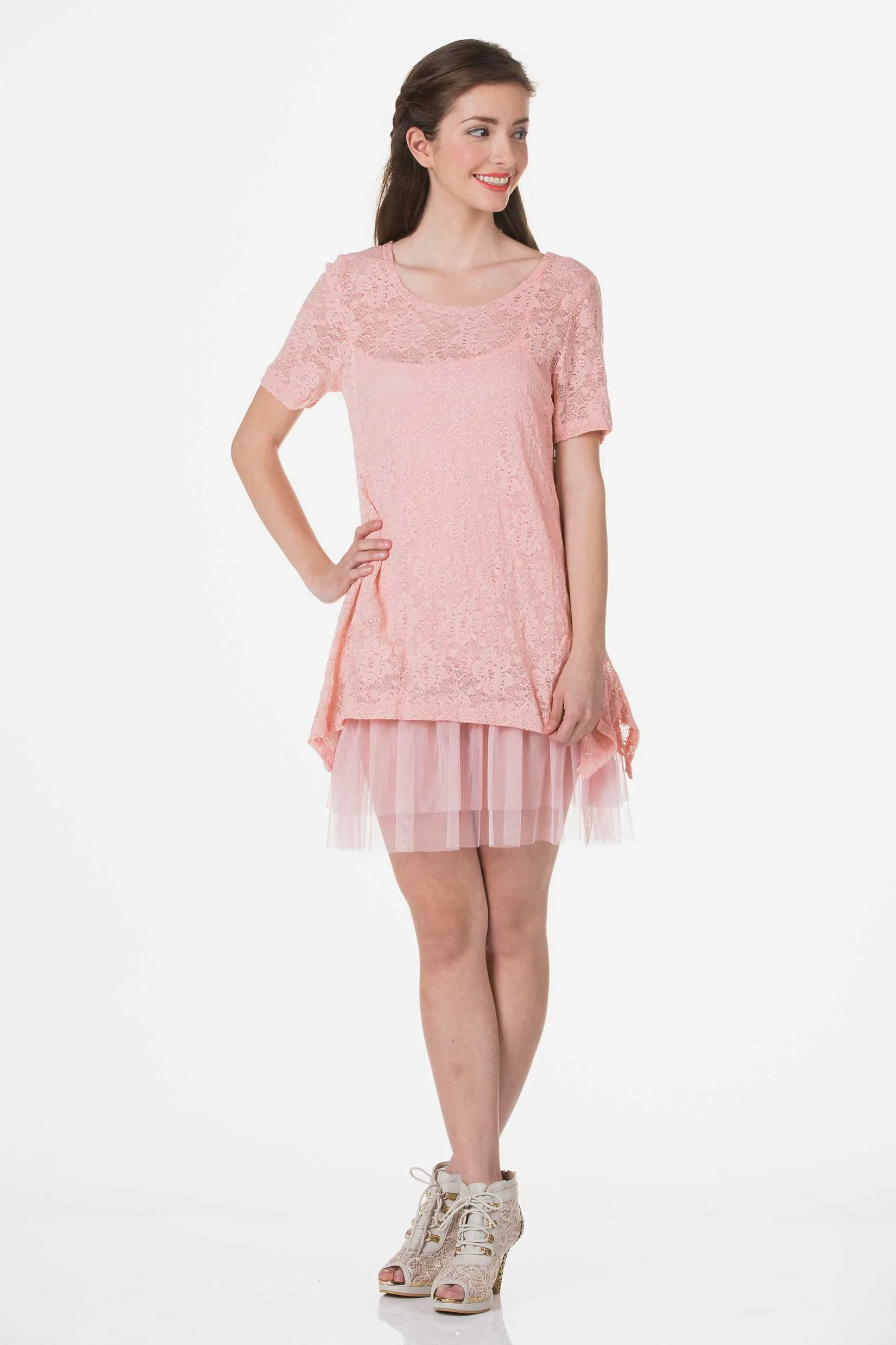 Lace Short Sleeve Dress with Mesh Slip