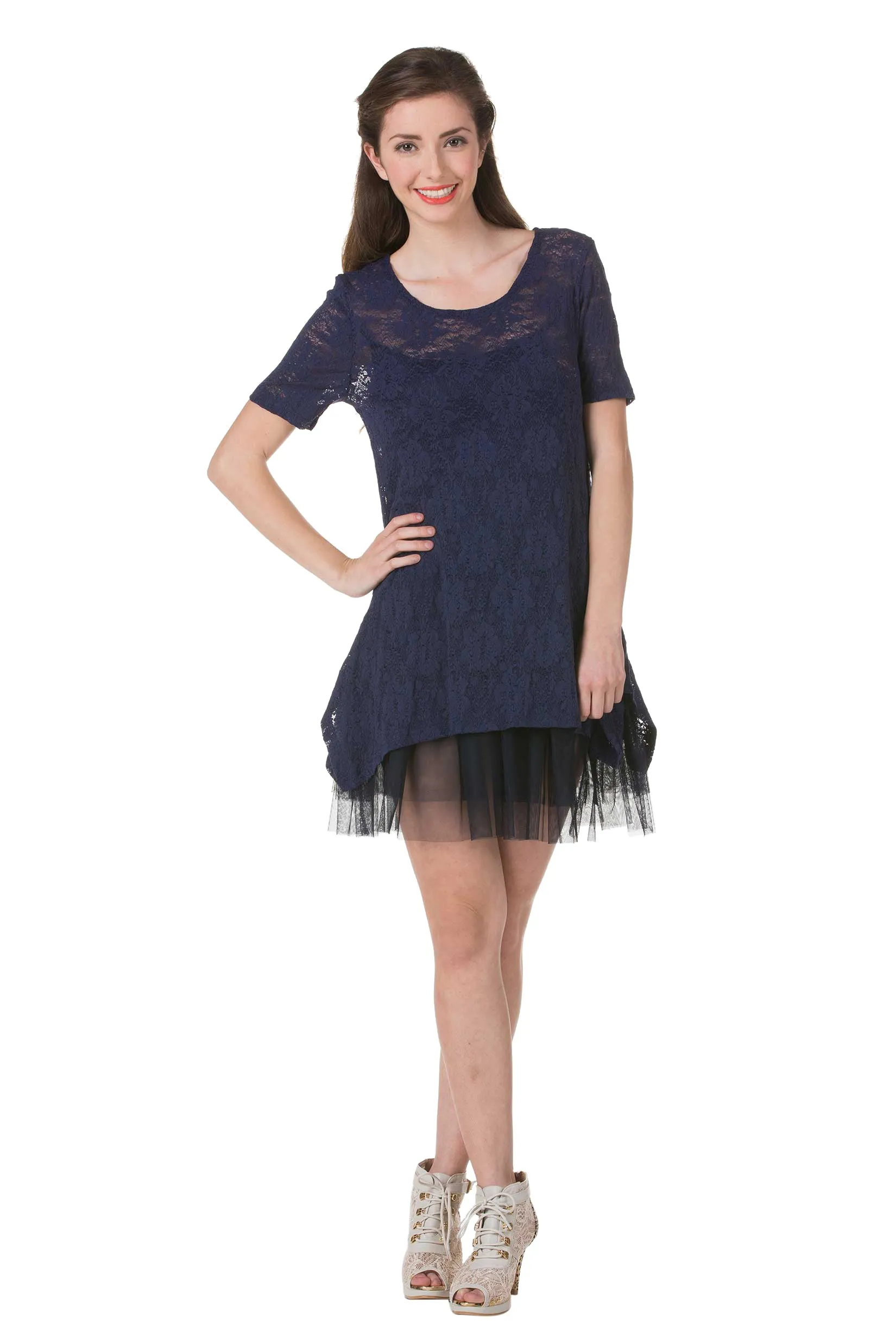 Lace Short Sleeve Dress with Mesh Slip