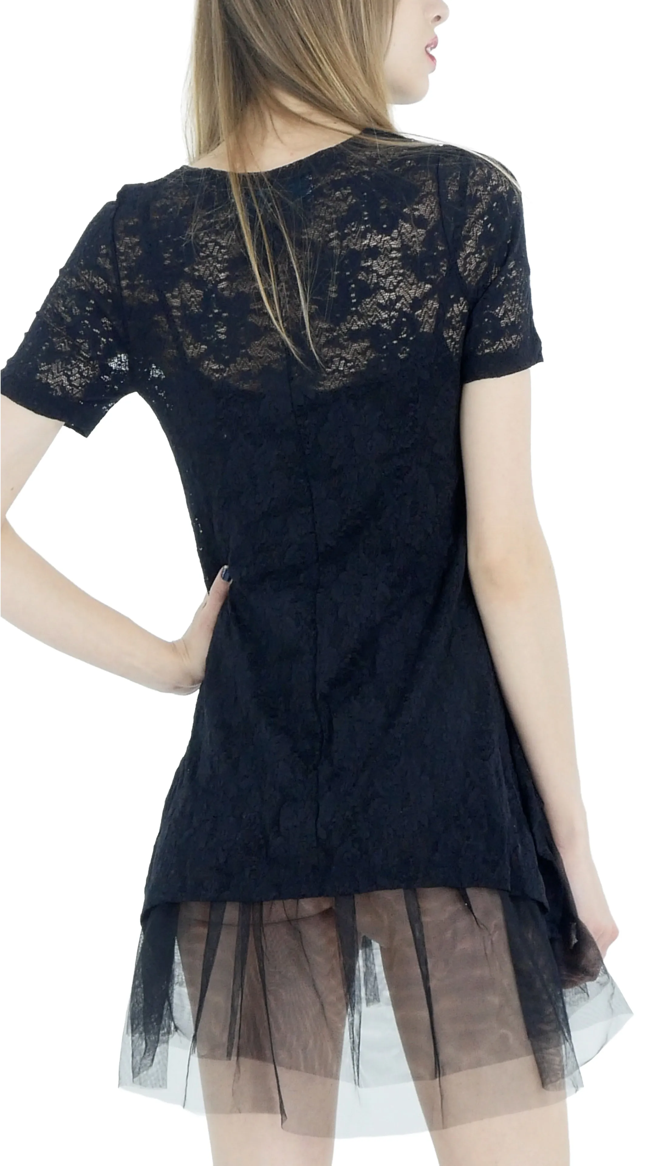 Lace Short Sleeve Dress with Mesh Slip