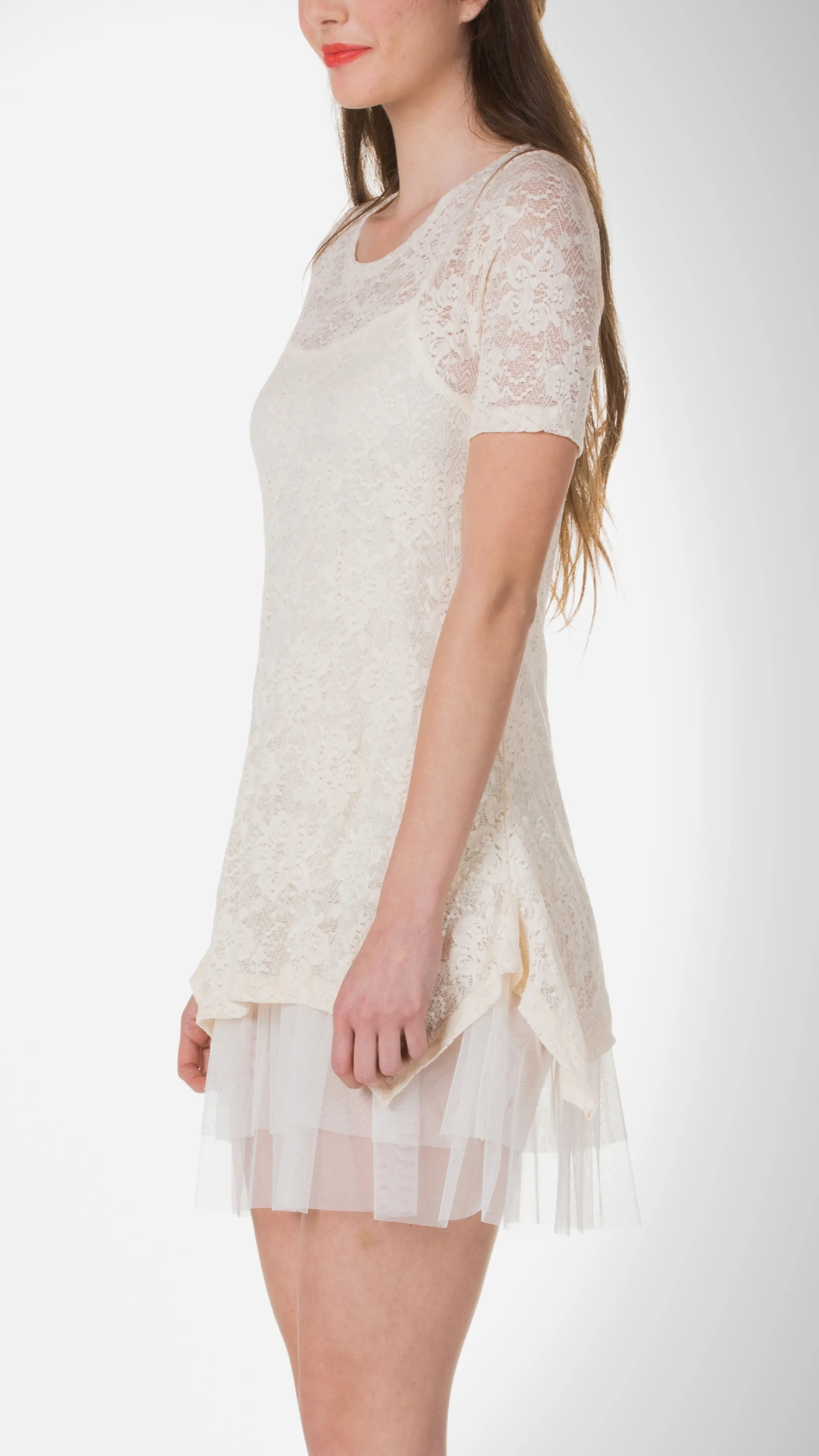 Lace Short Sleeve Dress with Mesh Slip