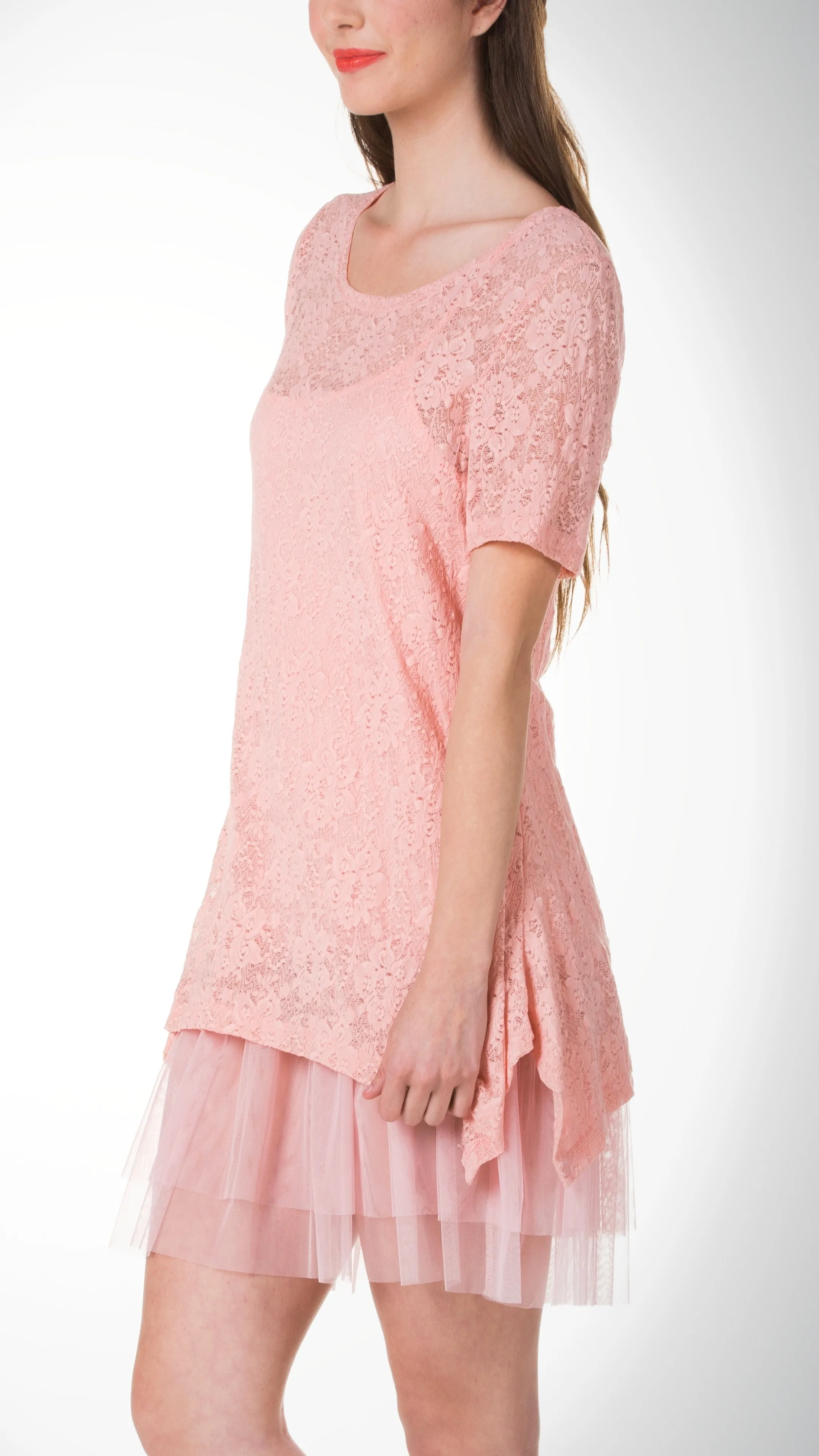 Lace Short Sleeve Dress with Mesh Slip