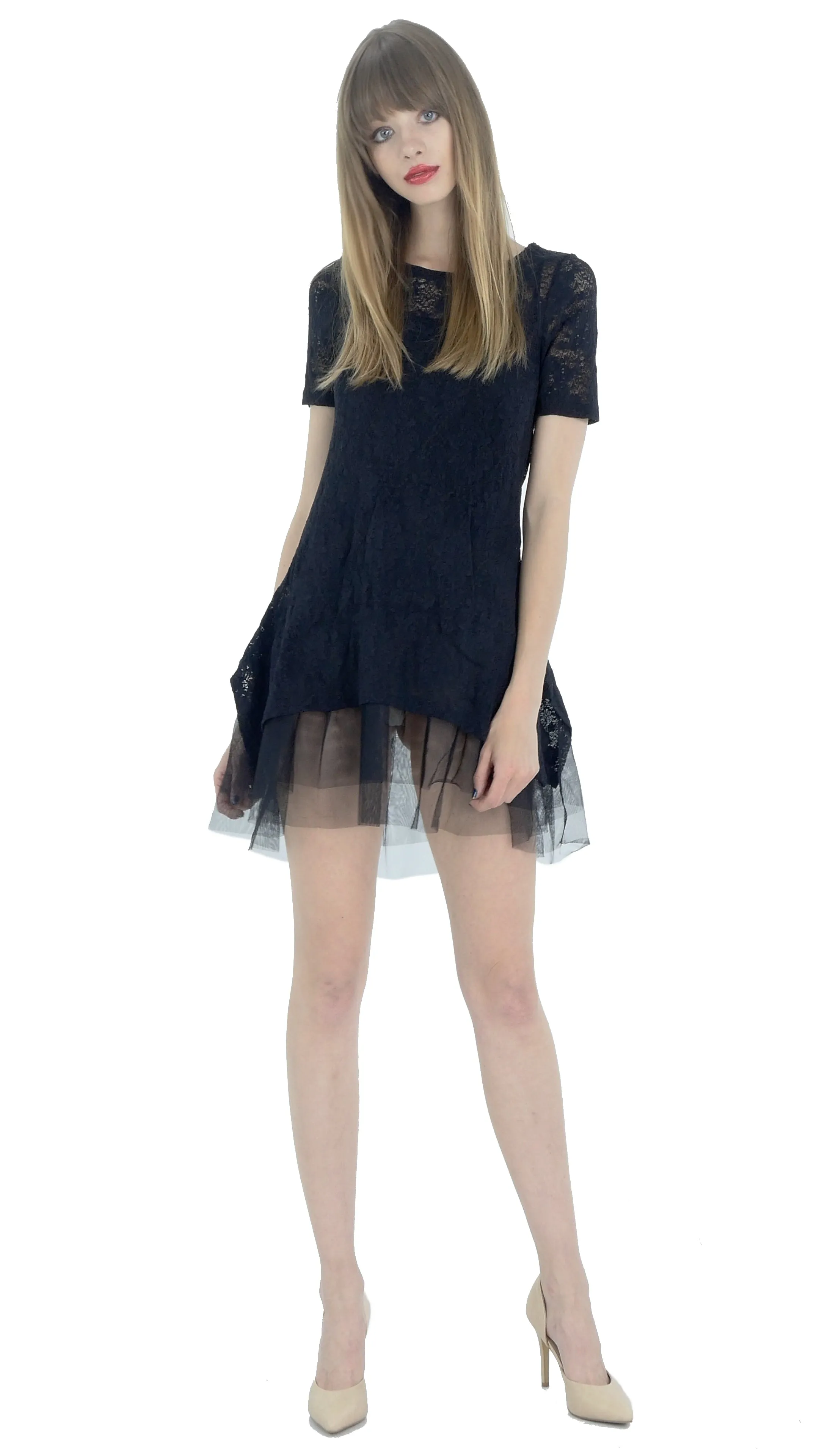 Lace Short Sleeve Dress with Mesh Slip