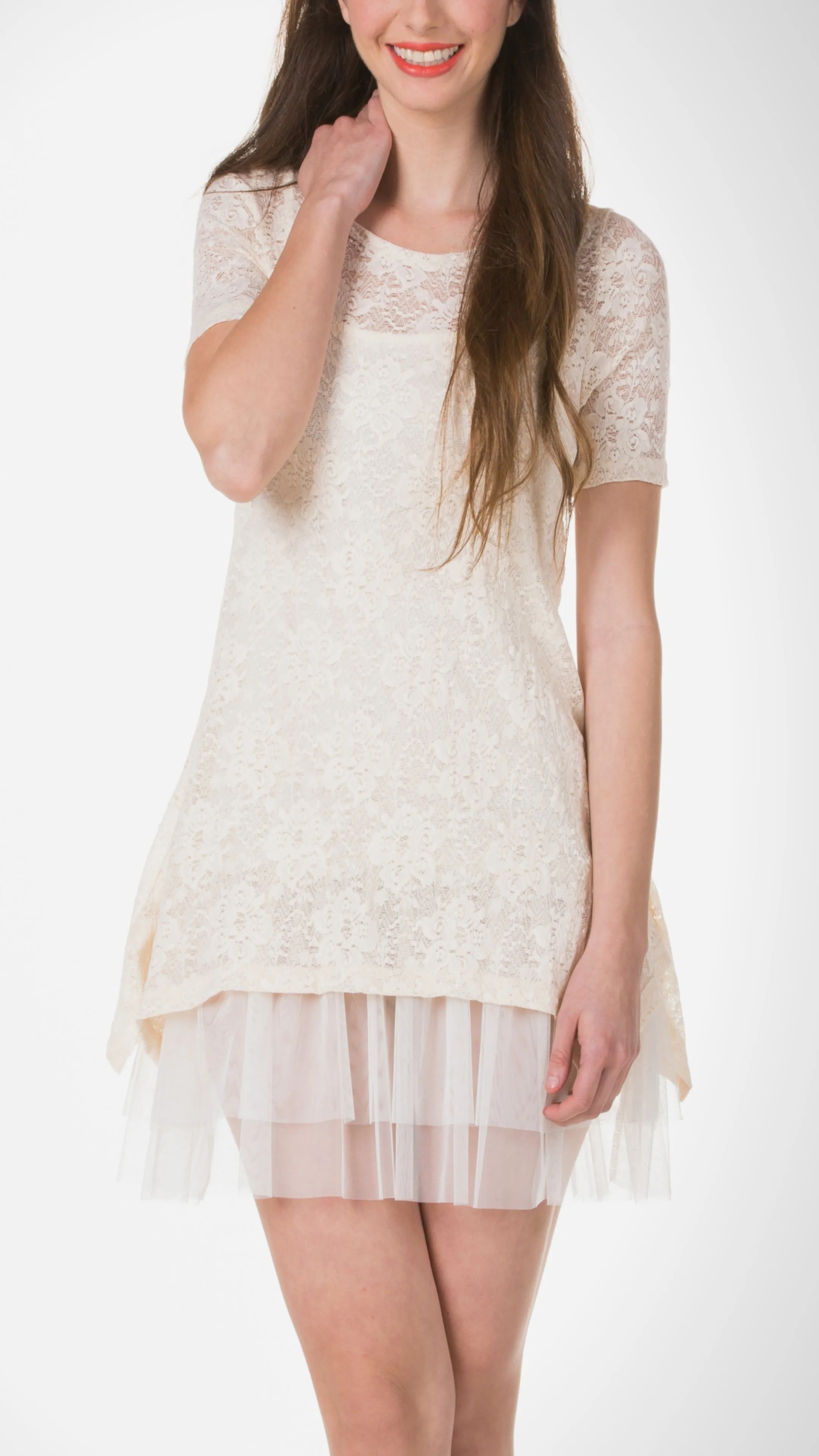 Lace Short Sleeve Dress with Mesh Slip