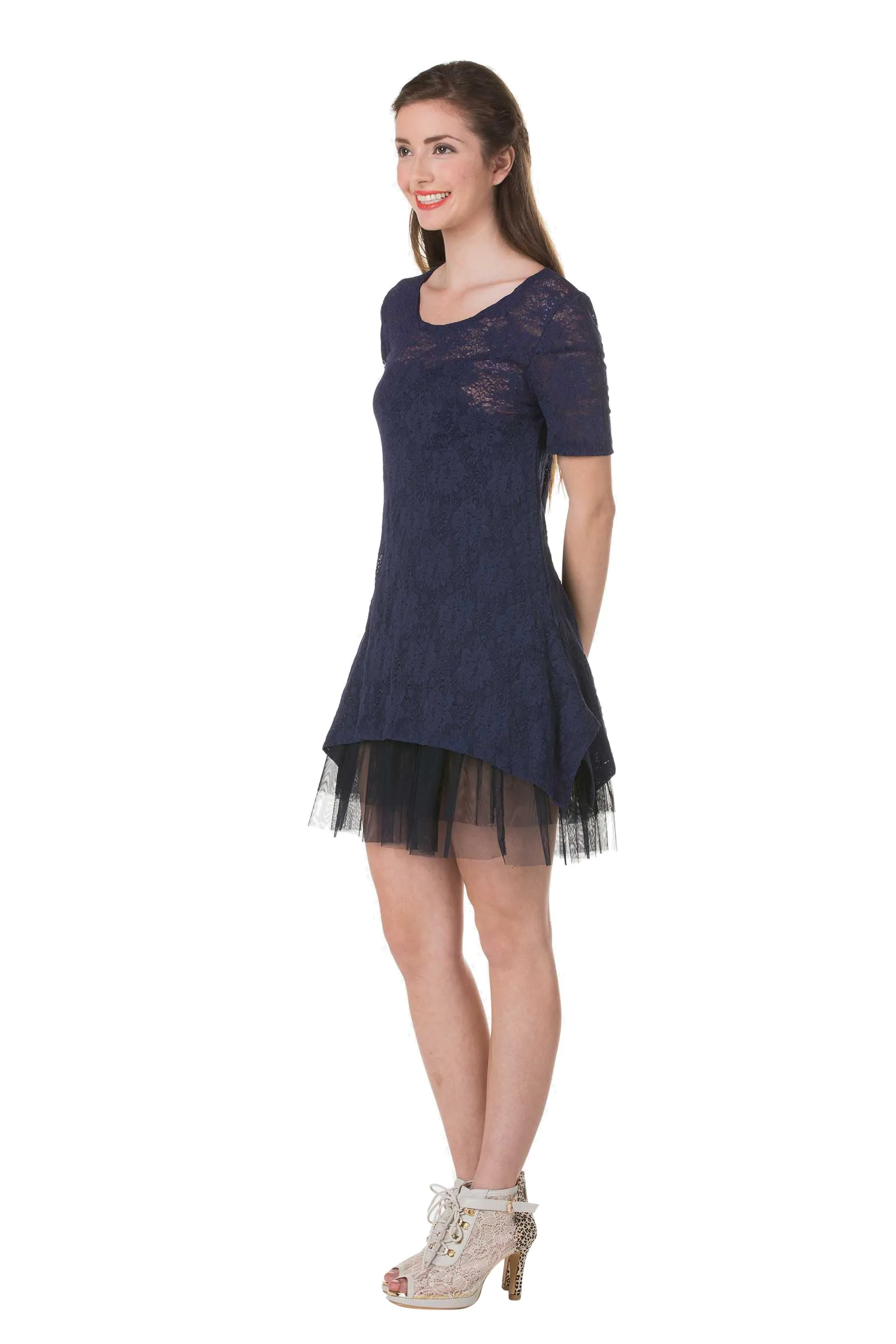 Lace Short Sleeve Dress with Mesh Slip