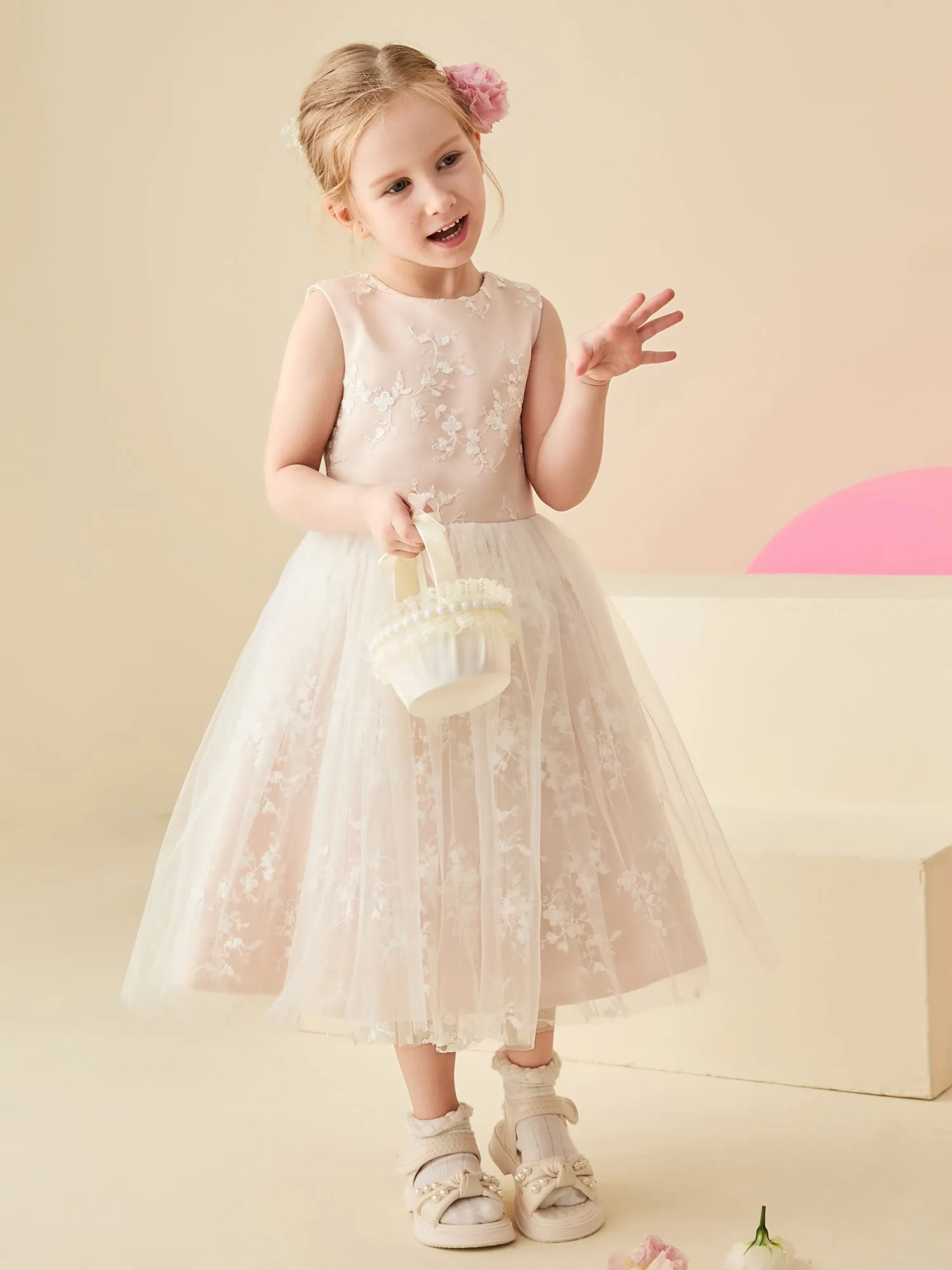 Lace Sleeveless Ruched Tulle A-line Flower Girl Dress