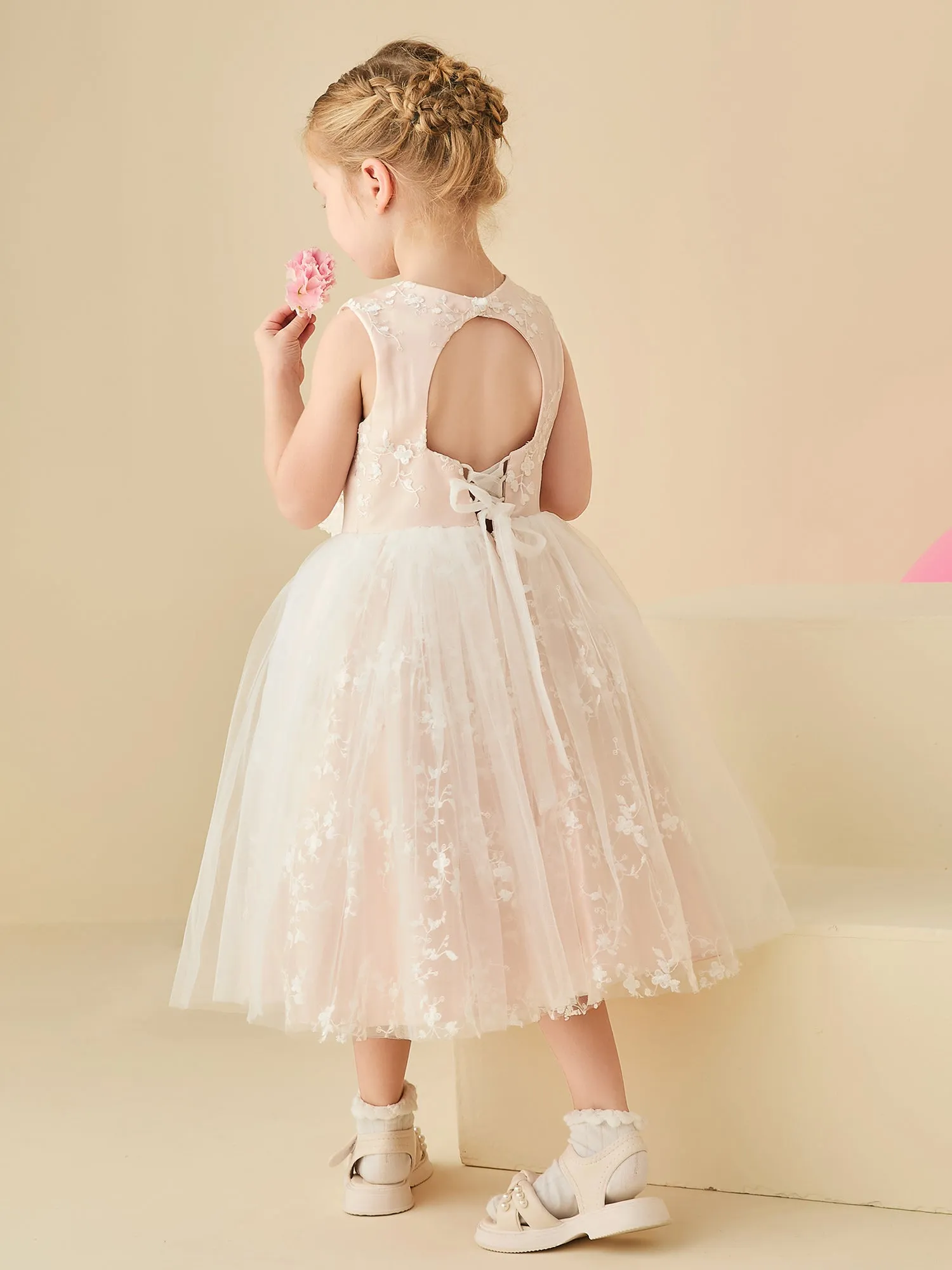 Lace Sleeveless Ruched Tulle A-line Flower Girl Dress