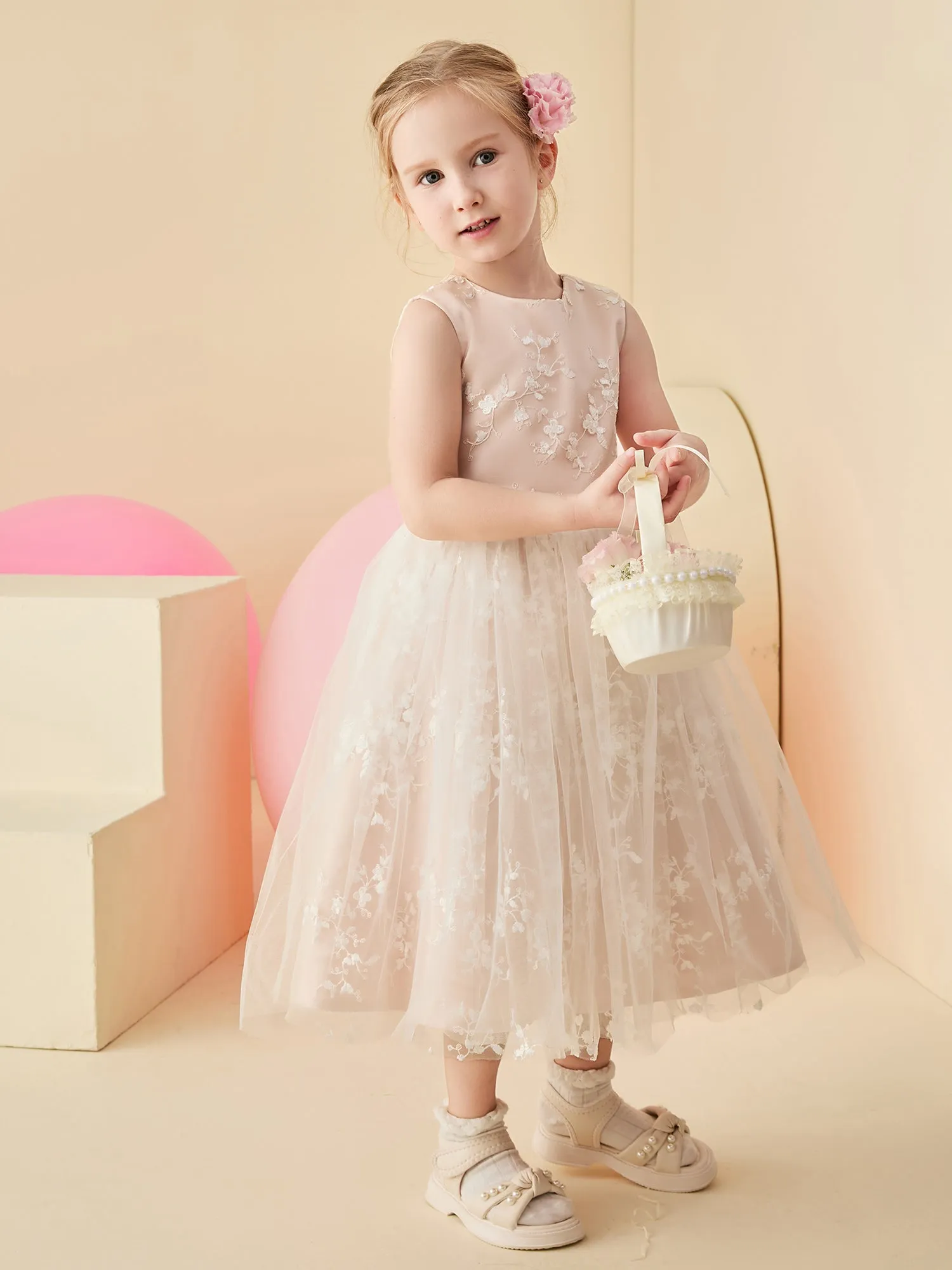 Lace Sleeveless Ruched Tulle A-line Flower Girl Dress