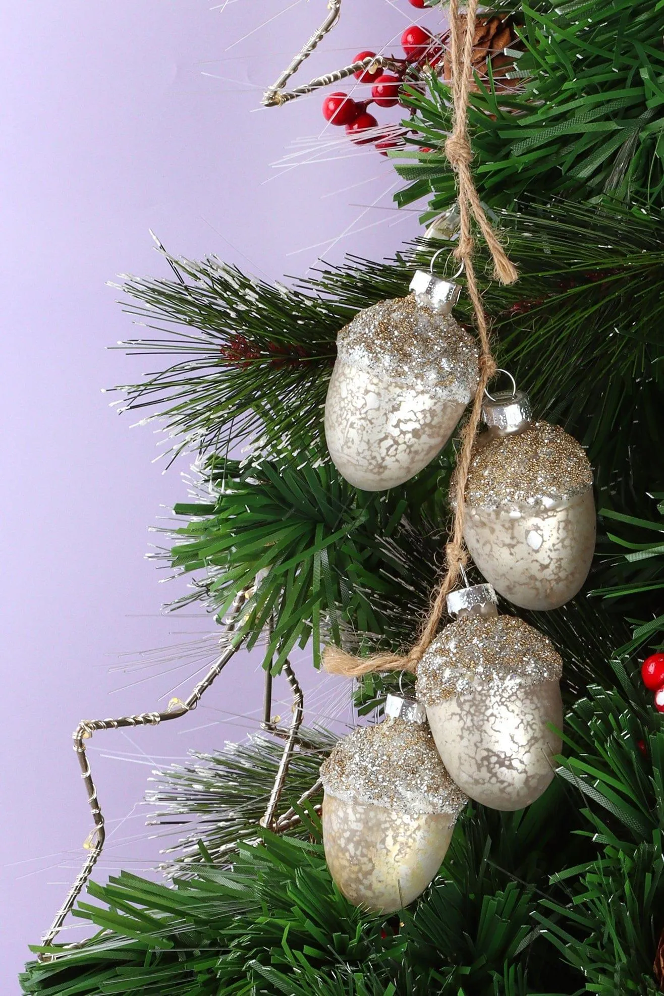 Large Elegant Glass String of Silver Glass Acorn Christmas Tree Ornaments