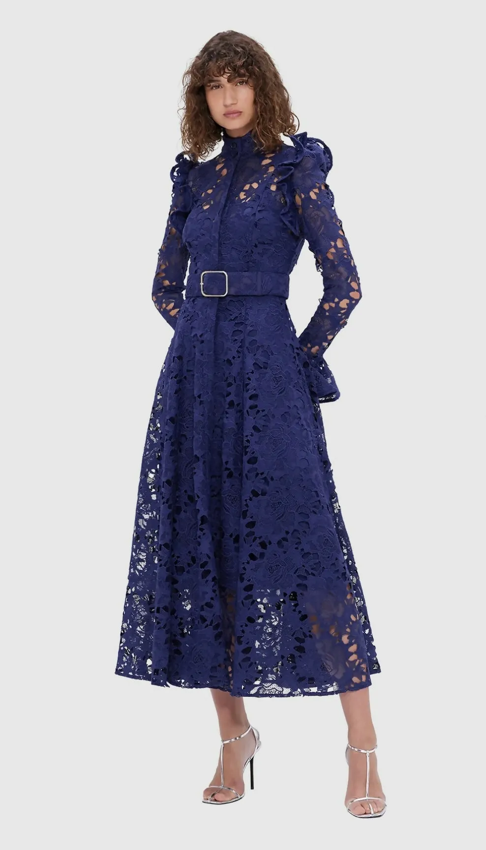 Leo Lin Aliyah Lace Butterfly Sleeve Midi Dress - Oxford Blue