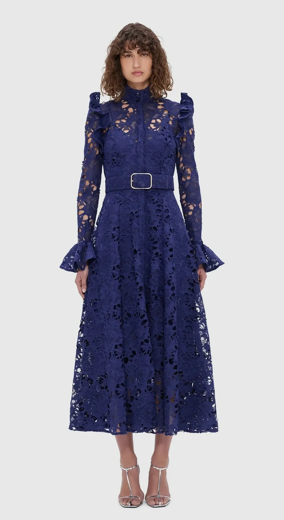 Leo Lin Aliyah Lace Butterfly Sleeve Midi Dress - Oxford Blue