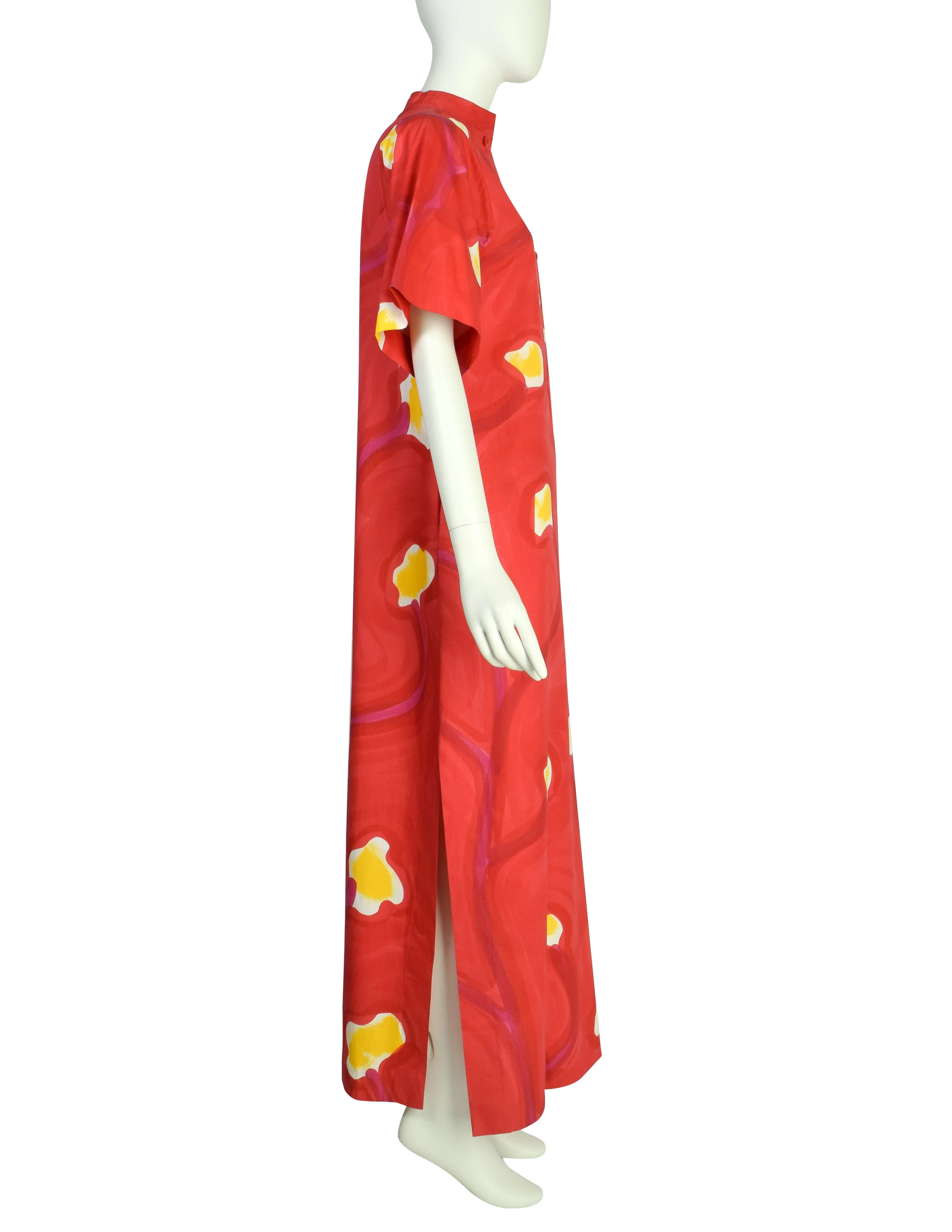 Livio de Simone Vintage Red Painterly Abstract Floral Cotton Caftan Dress