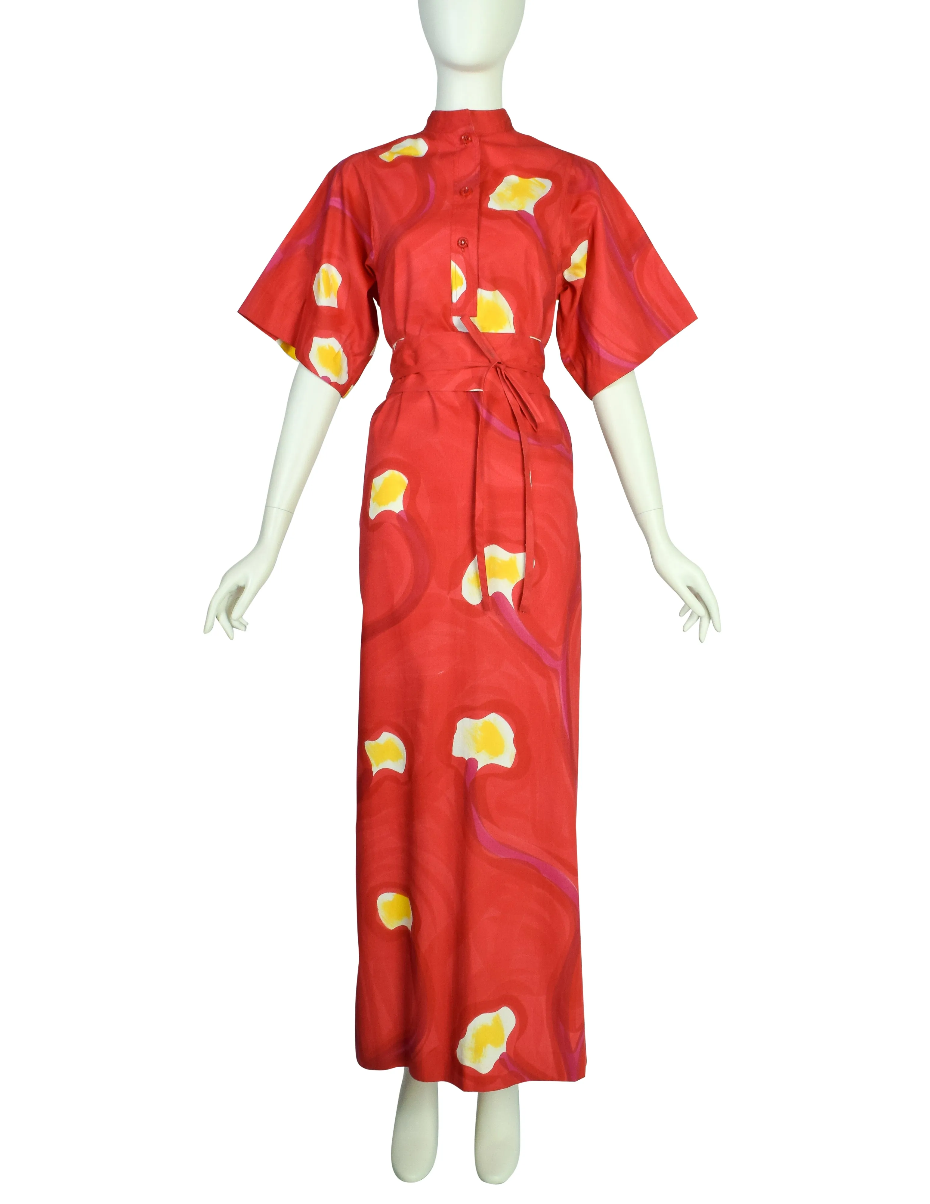 Livio de Simone Vintage Red Painterly Abstract Floral Cotton Caftan Dress