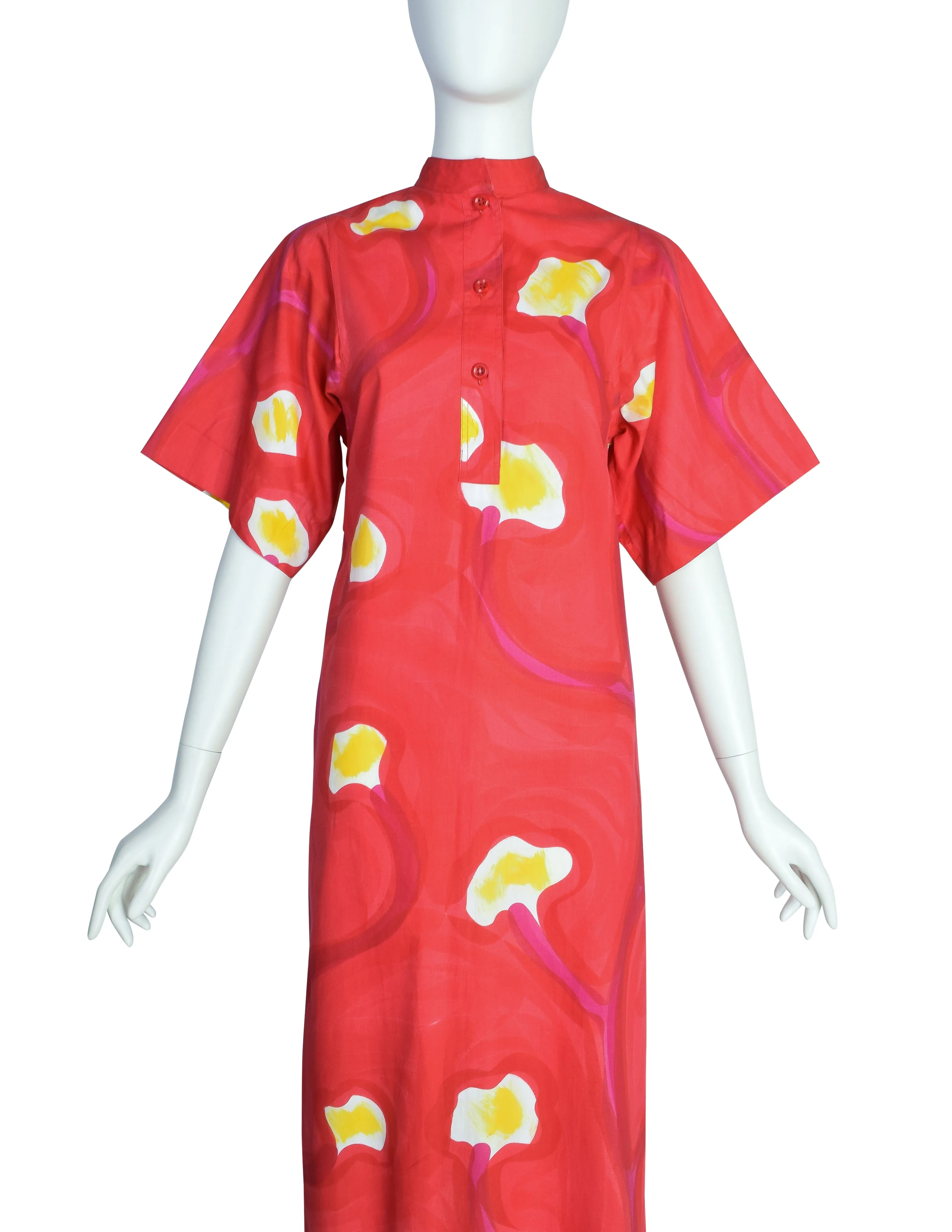 Livio de Simone Vintage Red Painterly Abstract Floral Cotton Caftan Dress