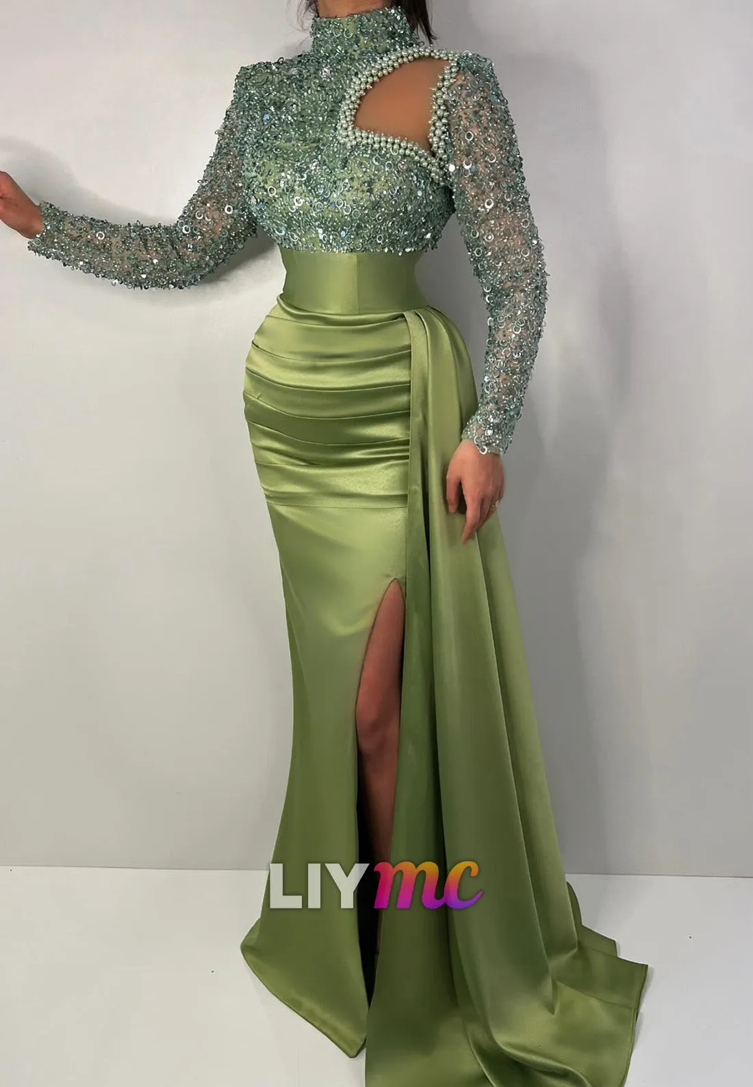 LP2275 - High Neck Long Sleeves Sequins Pleated Sparkly Bodycon Prom Dress