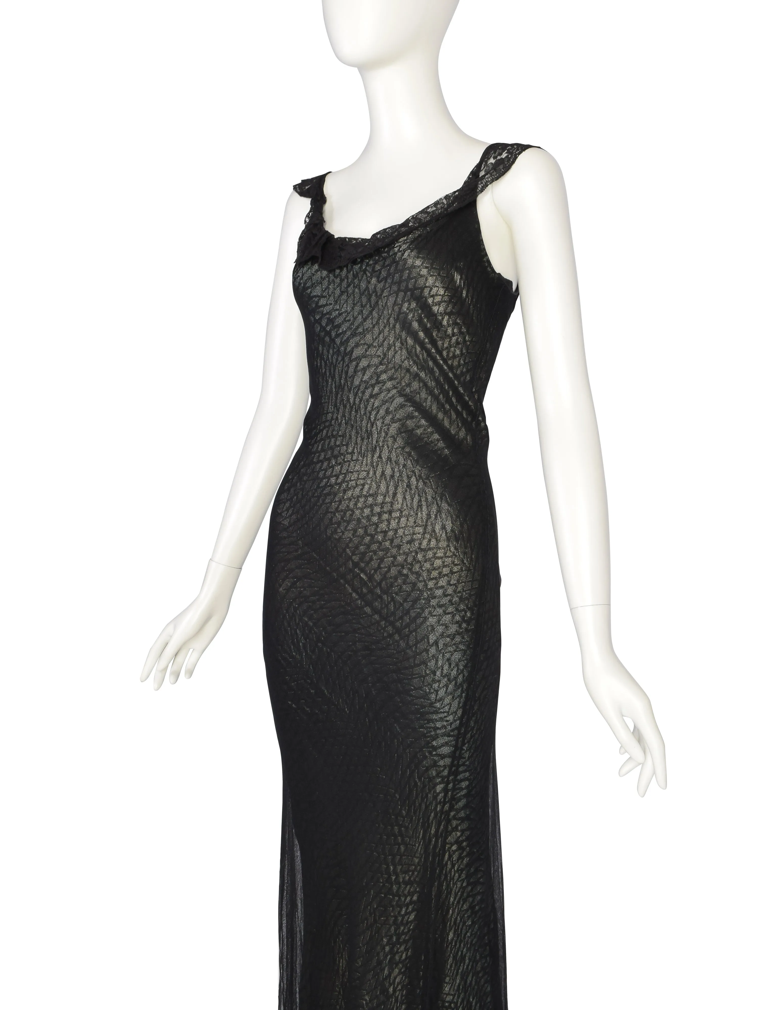 Marc Le Bihan Vintage Black Silk Mesh Metallic Lame Bias Gown with Train