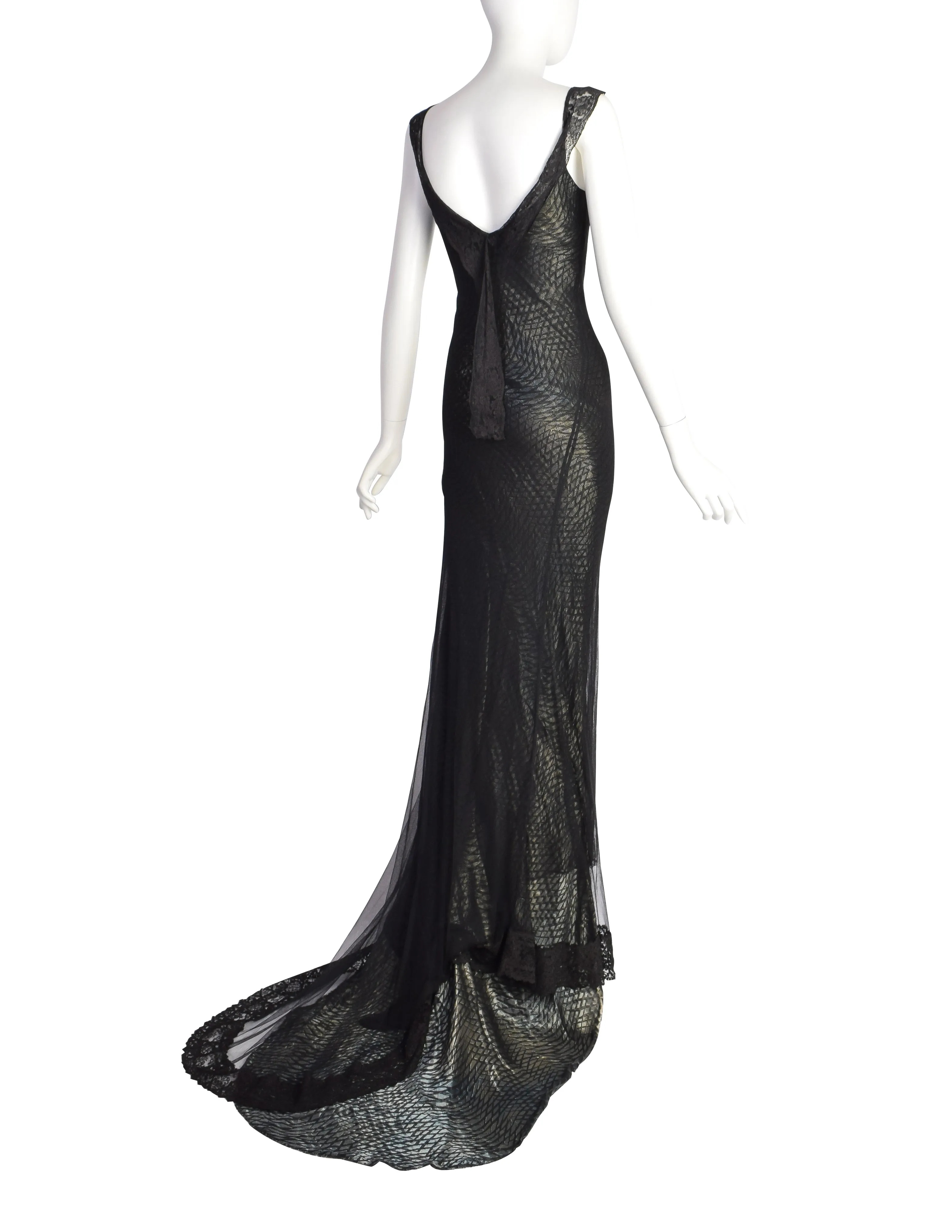 Marc Le Bihan Vintage Black Silk Mesh Metallic Lame Bias Gown with Train