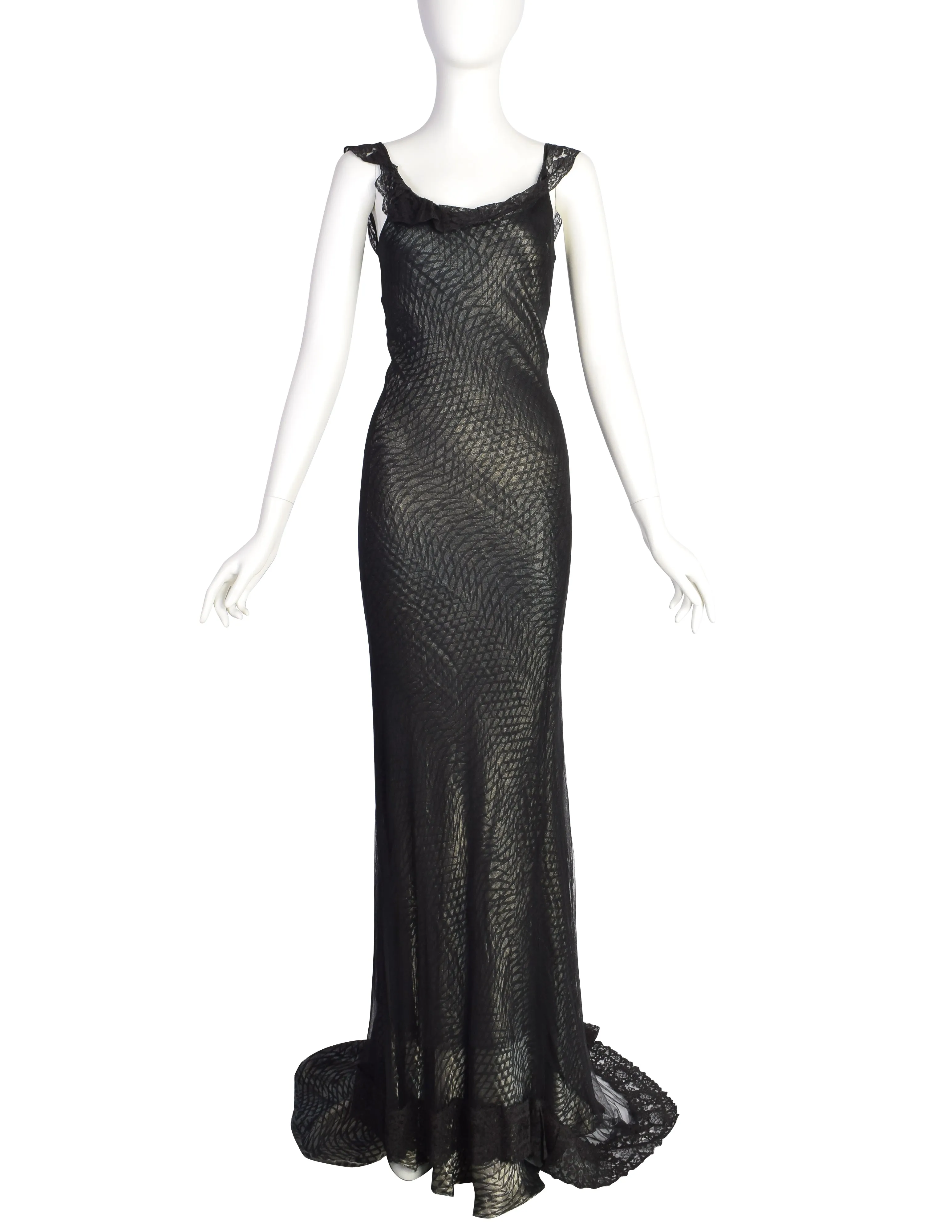 Marc Le Bihan Vintage Black Silk Mesh Metallic Lame Bias Gown with Train