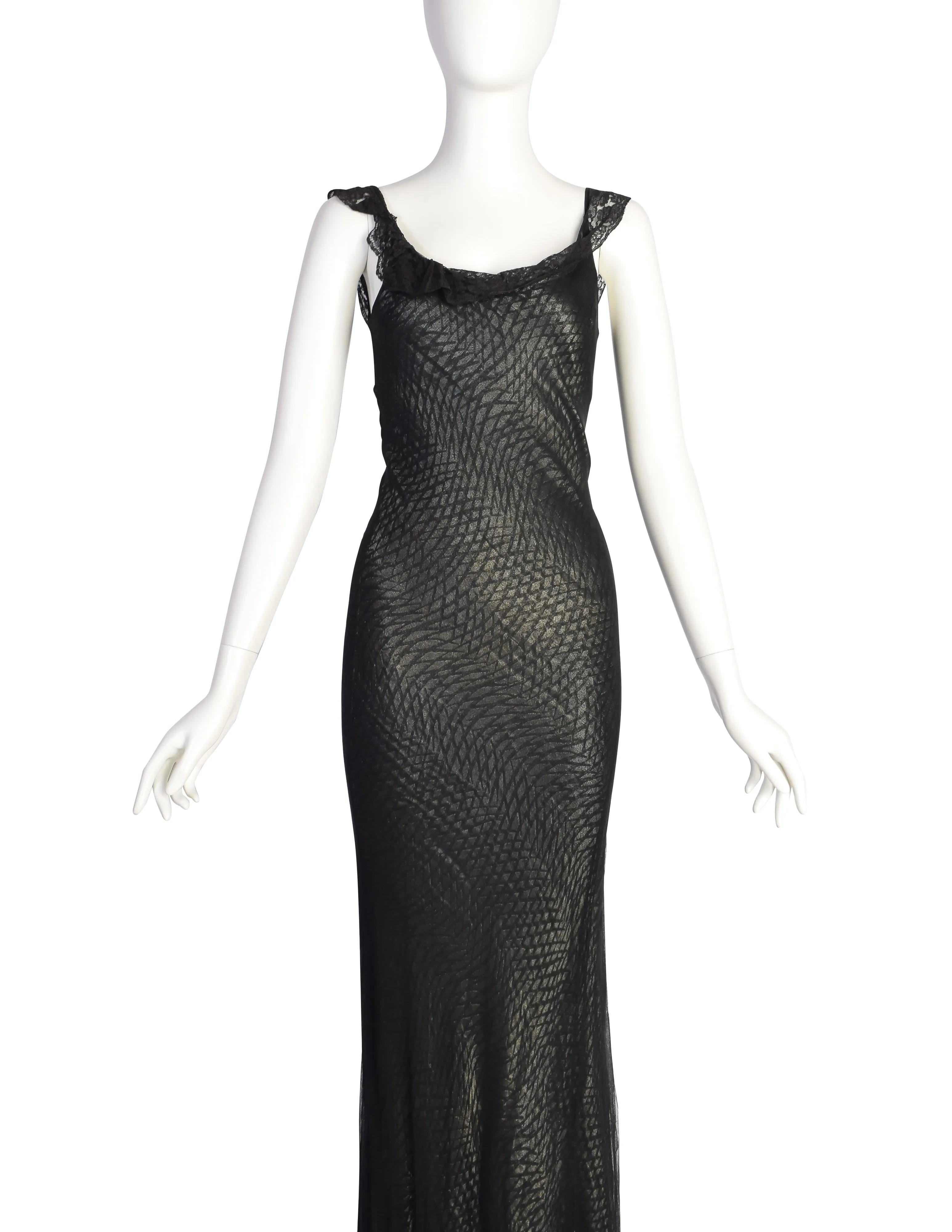 Marc Le Bihan Vintage Black Silk Mesh Metallic Lame Bias Gown with Train