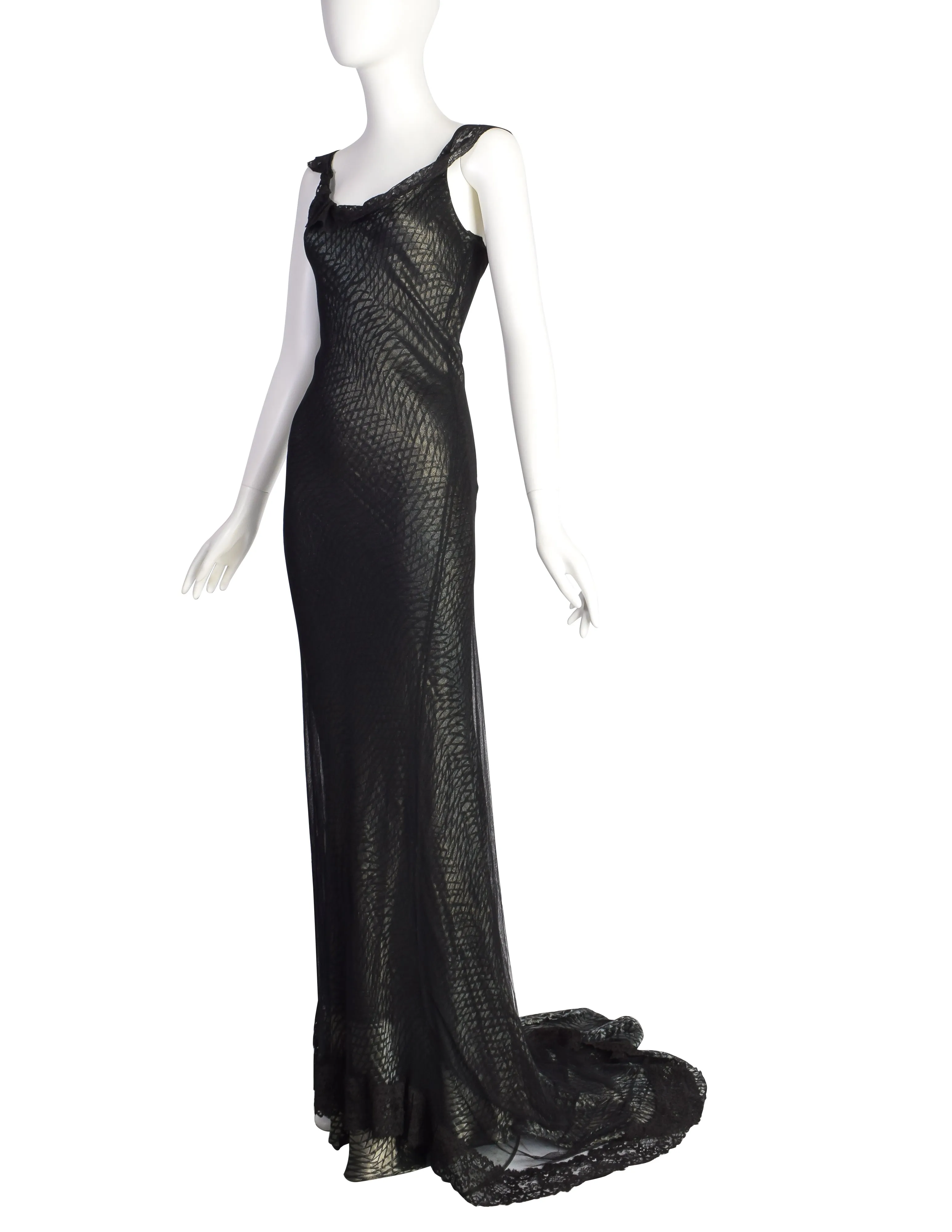 Marc Le Bihan Vintage Black Silk Mesh Metallic Lame Bias Gown with Train