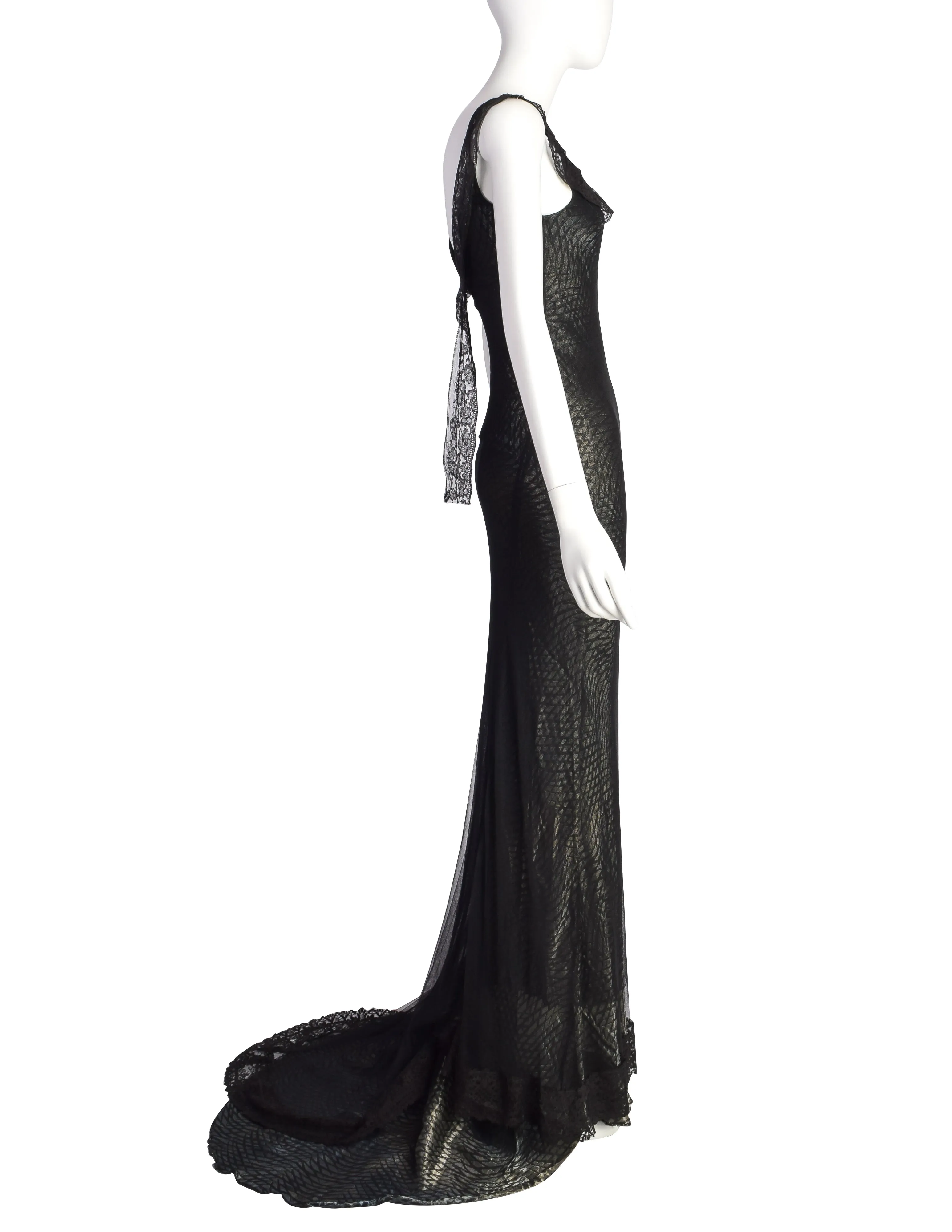 Marc Le Bihan Vintage Black Silk Mesh Metallic Lame Bias Gown with Train