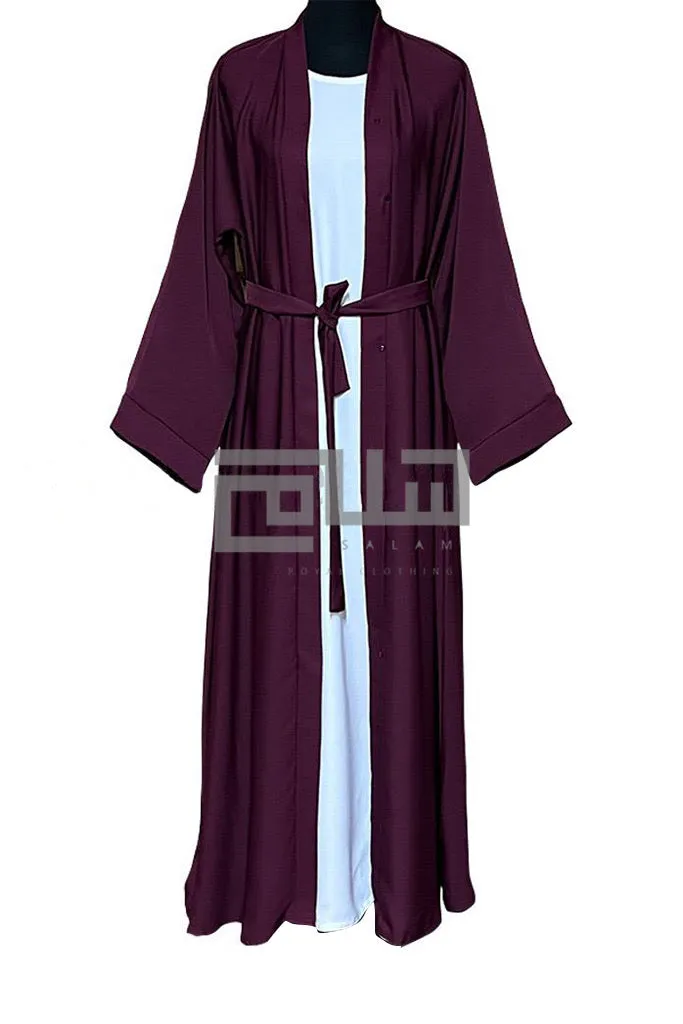 Maroon Front open Nida Abaya/kimono with belt and buttons