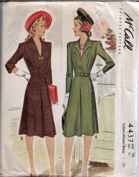 McCall 4437 Ladies Dress Wing Collar Vintage Sewing Pattern 1940s Rare