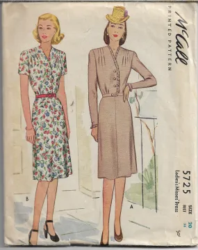 McCall 5725 Ladies Shirtwaist Dress Vintage Sewing Pattern 1940s Rare