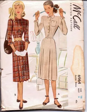 McCall 6964 Vintage 1940's Sewing Pattern Ladies Day Dress Chic Front Buttoned Rare