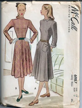 McCall 6987 Junior Back Buttoned Dress Vintage Sewing Pattern 1940s Rare