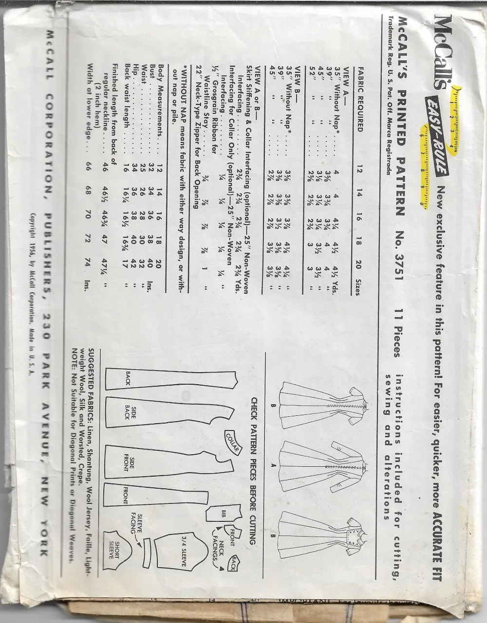 McCalls 3751 Ladies Dress Button Bib Front Vintage Sewing Pattern 1950s Rare