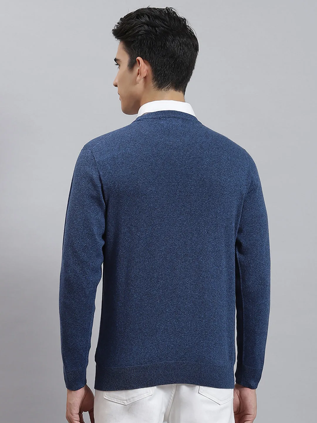 Men Blue Solid Round Neck Full Sleeve Sweaters/Pullovers