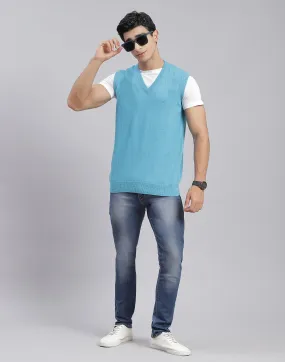 Men Blue Solid V Neck Sleeveless Pullover