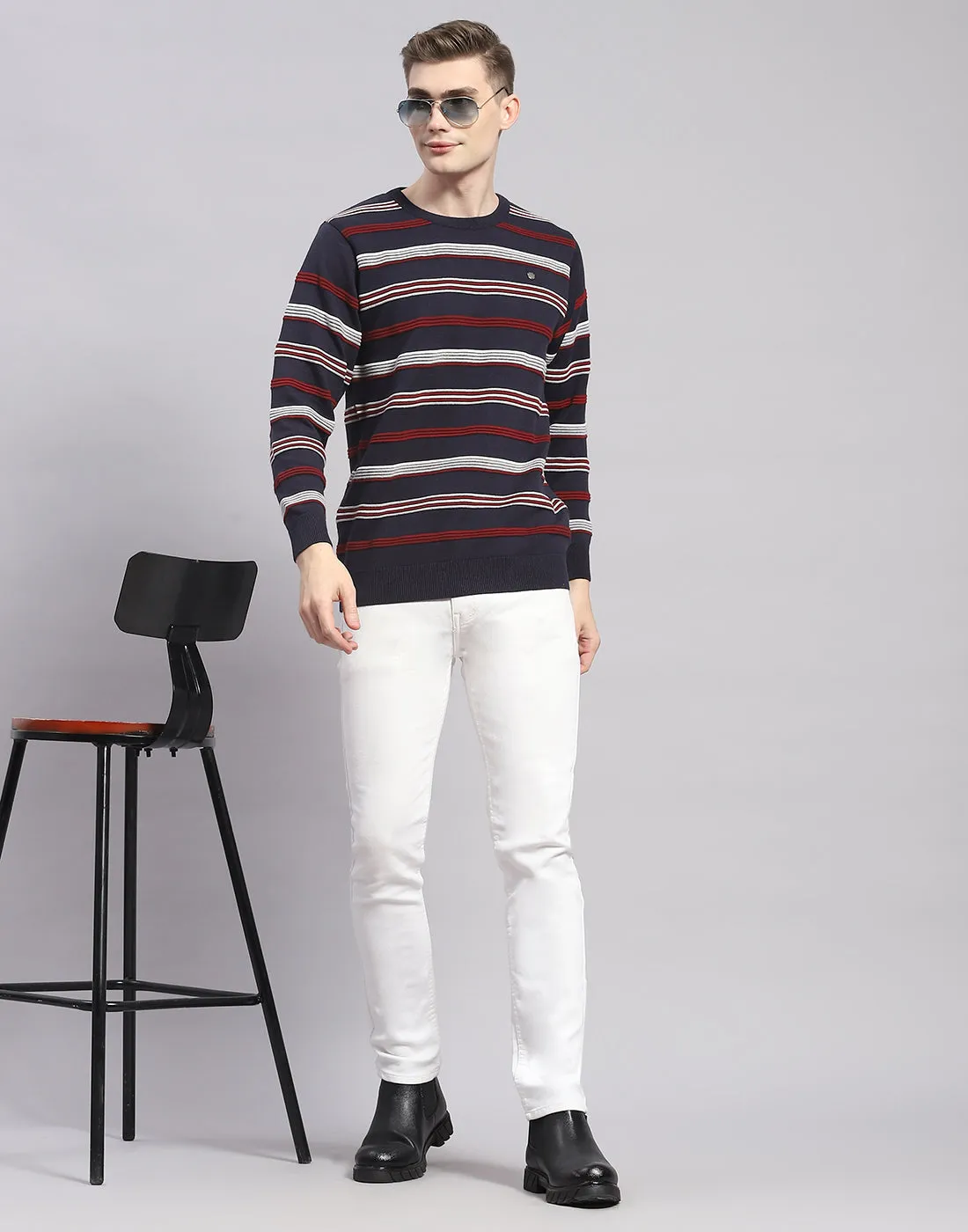 Men Navy Blue Stripe Round Neck Full Sleeve Pullover