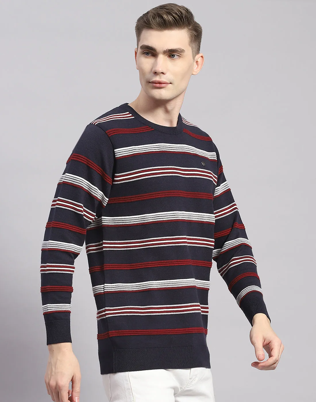 Men Navy Blue Stripe Round Neck Full Sleeve Pullover