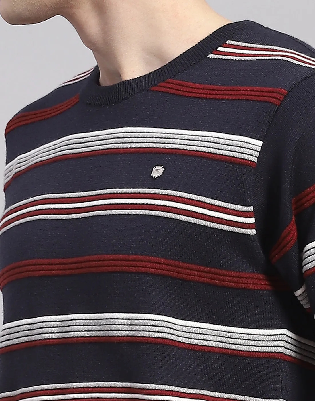 Men Navy Blue Stripe Round Neck Full Sleeve Pullover