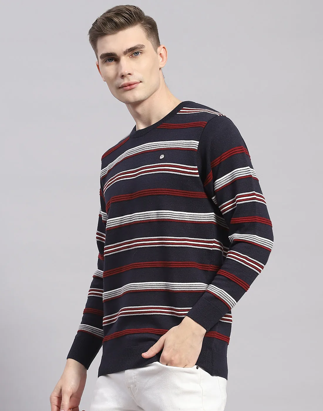 Men Navy Blue Stripe Round Neck Full Sleeve Pullover