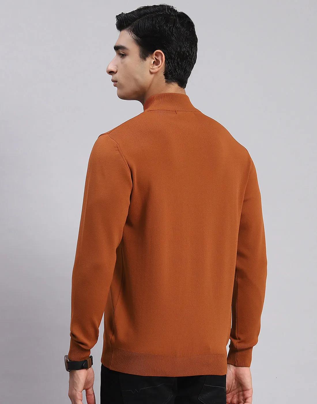 Men Rust Solid T Neck Full Sleeve Sweaters/Pullovers